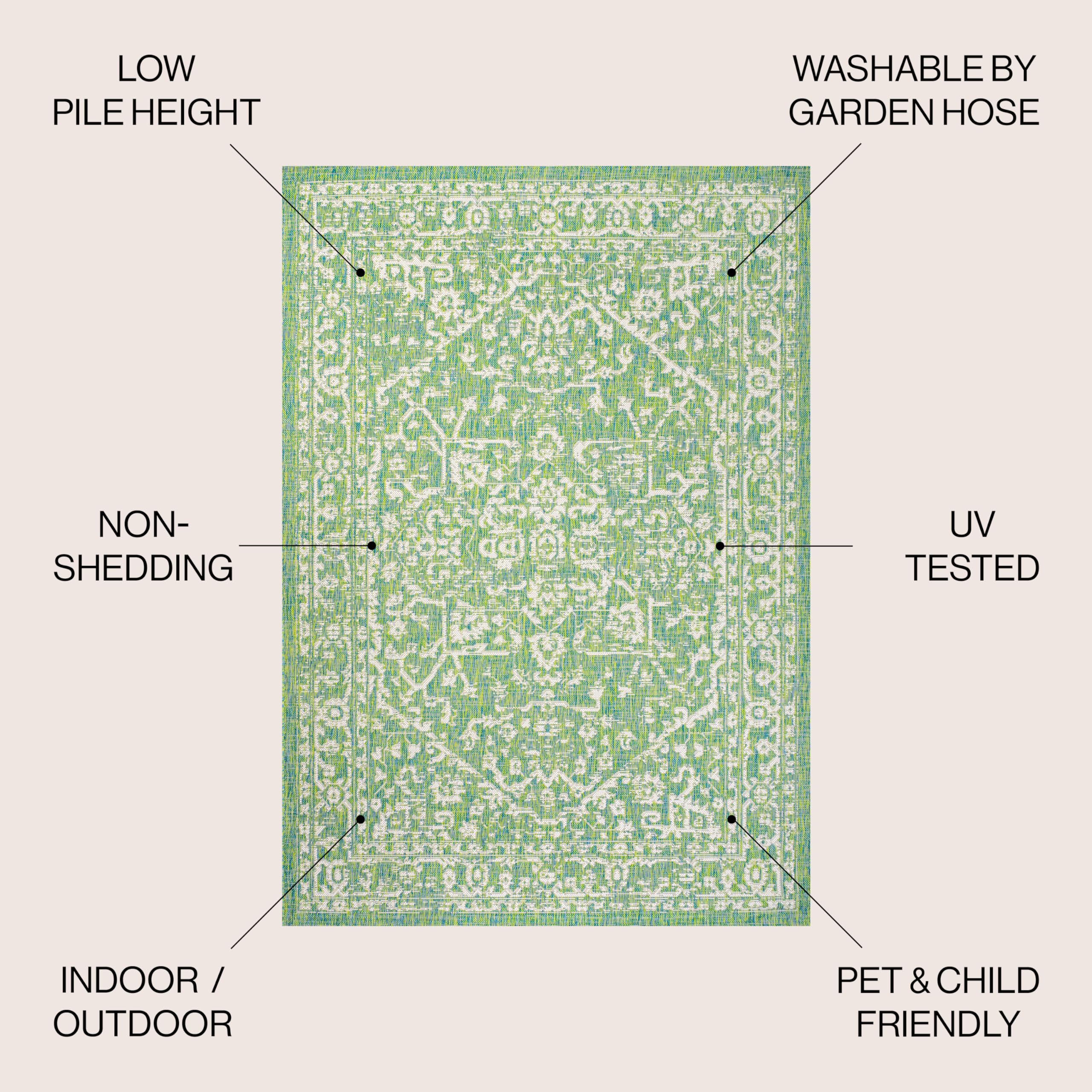 JONATHAN Y SMB104F-8 Malta Bohemian Medallion Textured Weave Indoor Outdoor Area Rug - 8'x10' Cream/Green - Coastal Traditional Transitional Design - Easy Cleaning & Non-Shedding - Perfect for Bedroom, Kitchen, Backyard, Patio & Living Room Decor