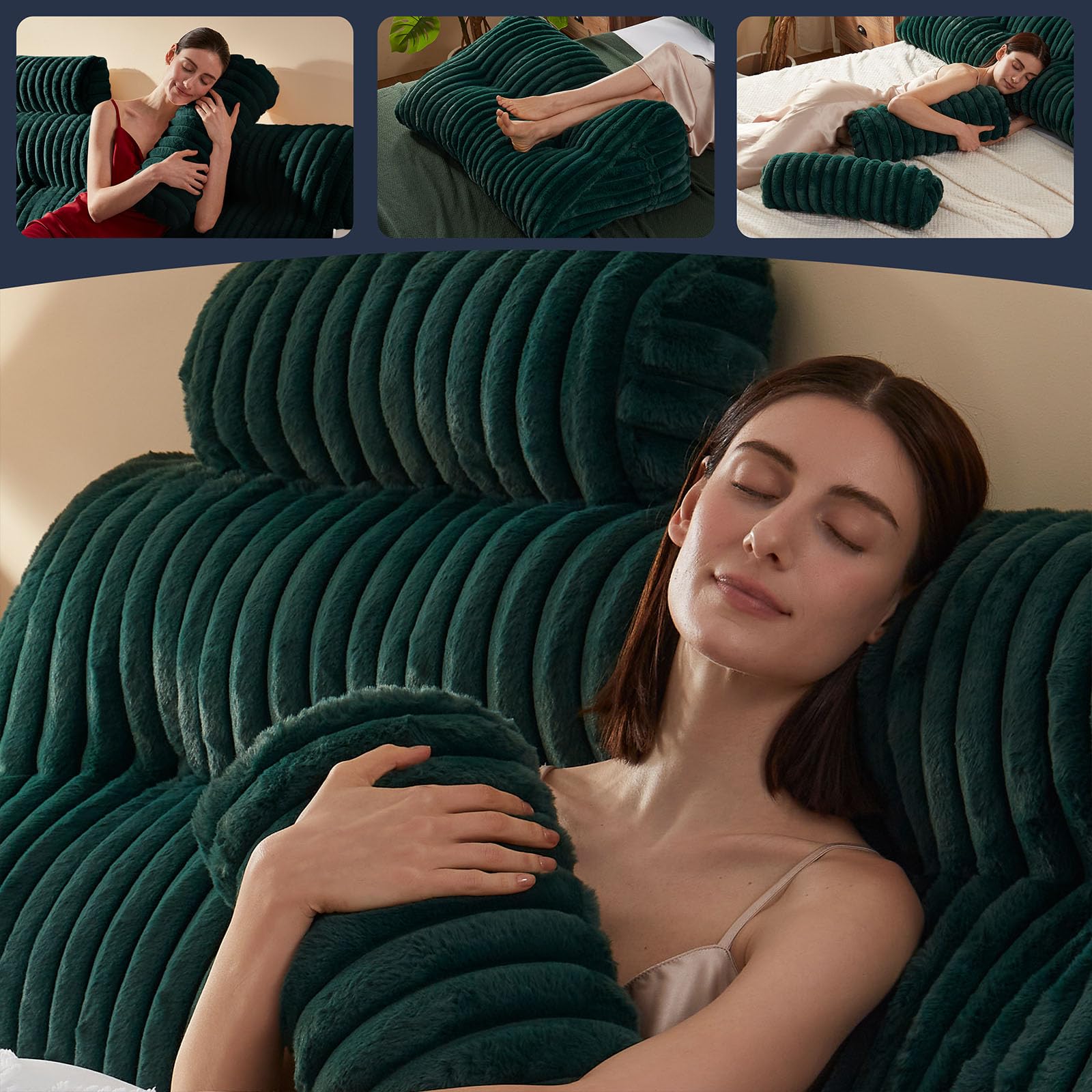 Faux Fur Headboard Pillow with 2 Neck Roll Pillows - Queen Size Soft Supportive Bed Backrest with Removable Cover (Green) for Bedroom Decor, Reading in Bed & Cozy Relaxation