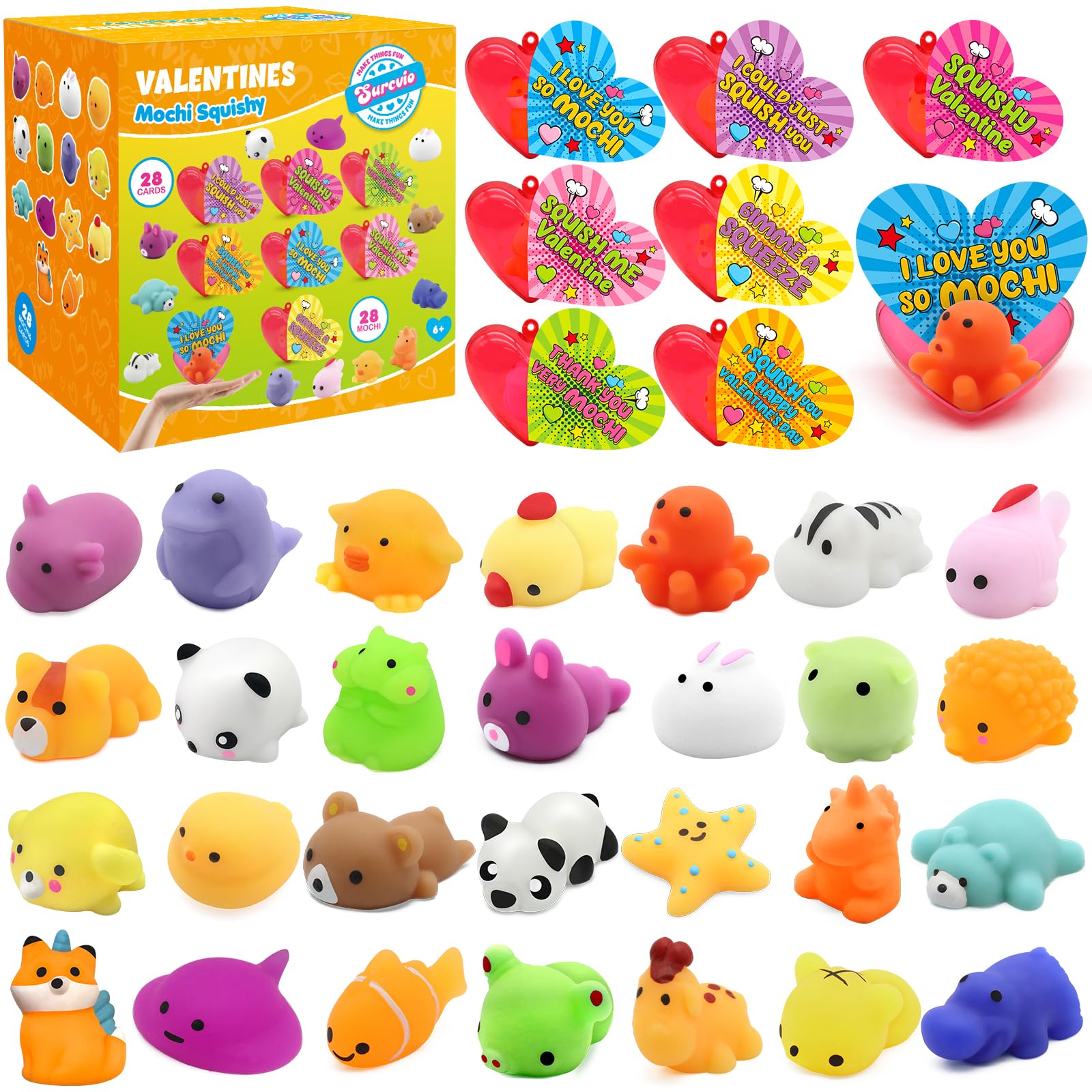 28 Pack Kawaii Mochi Squishies - Valentine Stress Relief Toys for Kids, Party Favors & Classroom Gifts