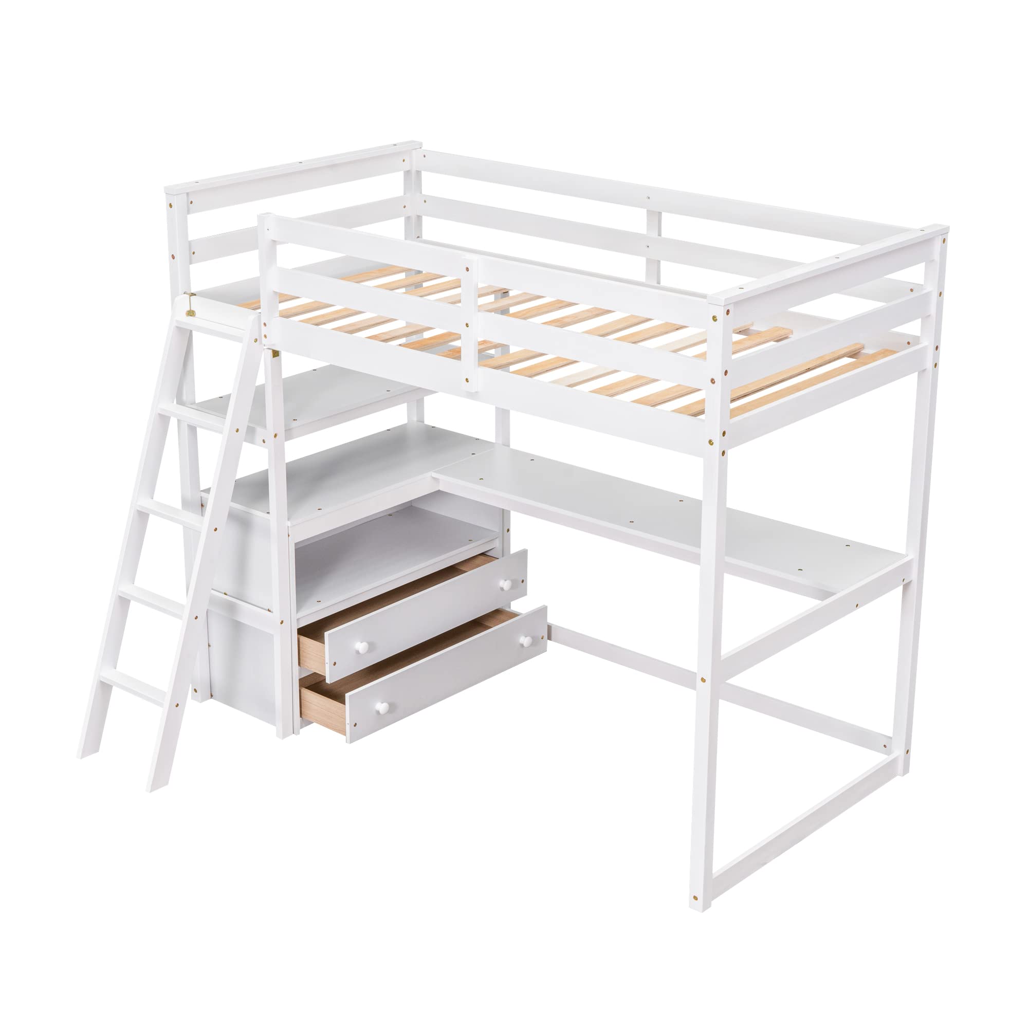 SOFTSEA Twin Size Solid Wood Loft Bed with Built-in Desk, Drawers & Storage Shelves - Multifunctional High Loft Bed for Kids & Teens (Boys/Girls) - Perfect for Small Bedrooms, Dorm Rooms & Space-Saving Kids' Rooms - White