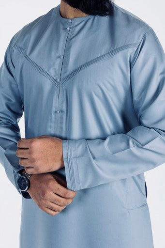 Premium Pleated Al Aniq Thobe/Jubbah for Men - Elegant Powder Blue Islamic Robe - Perfect for Eid, Prayer & Special Occasions