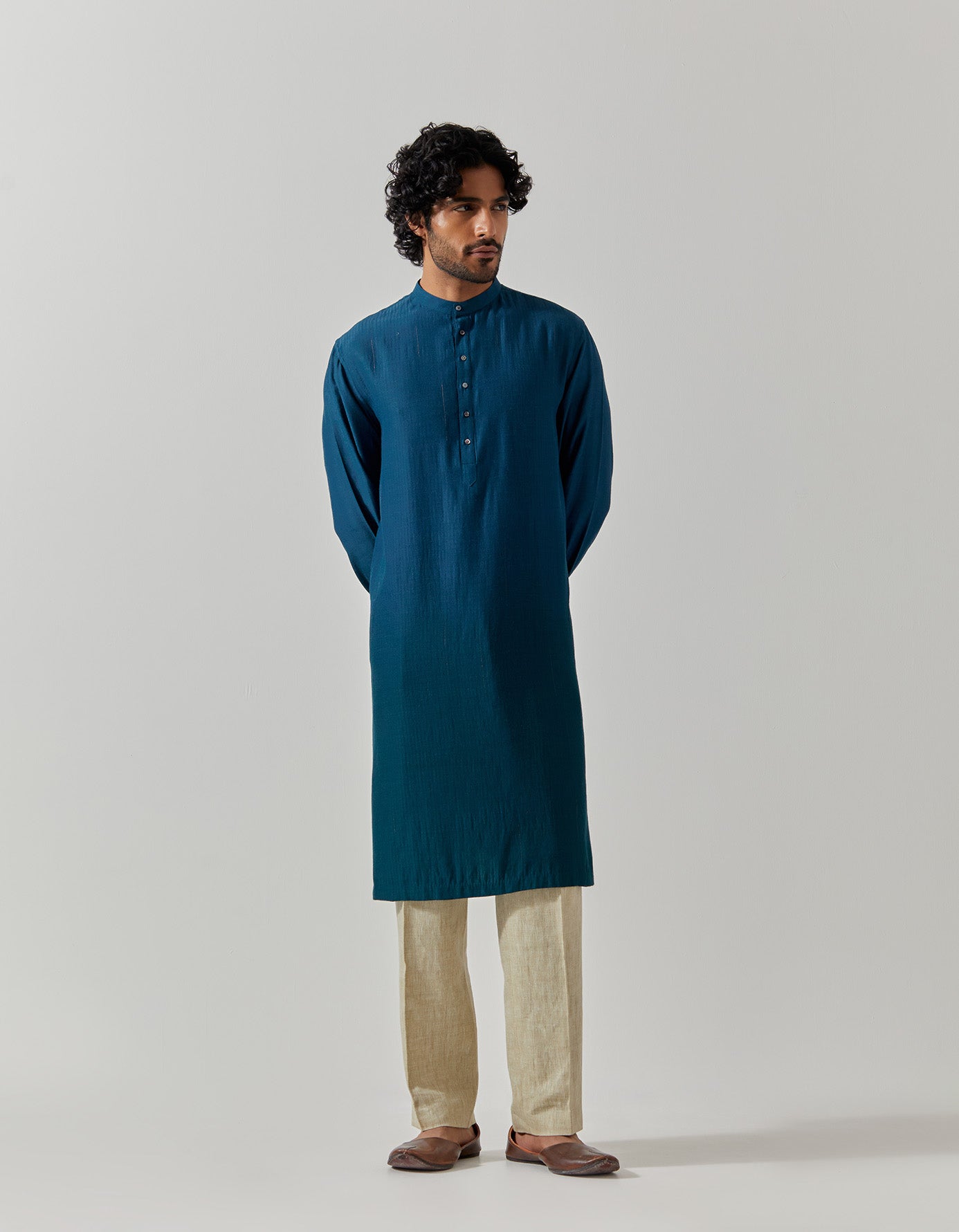Raindrop Bade Miyan Kurta - Premium Muga Satin Teal Men's Traditional Indian Tunic - Perfect for Festivals, Weddings & Cultural Events