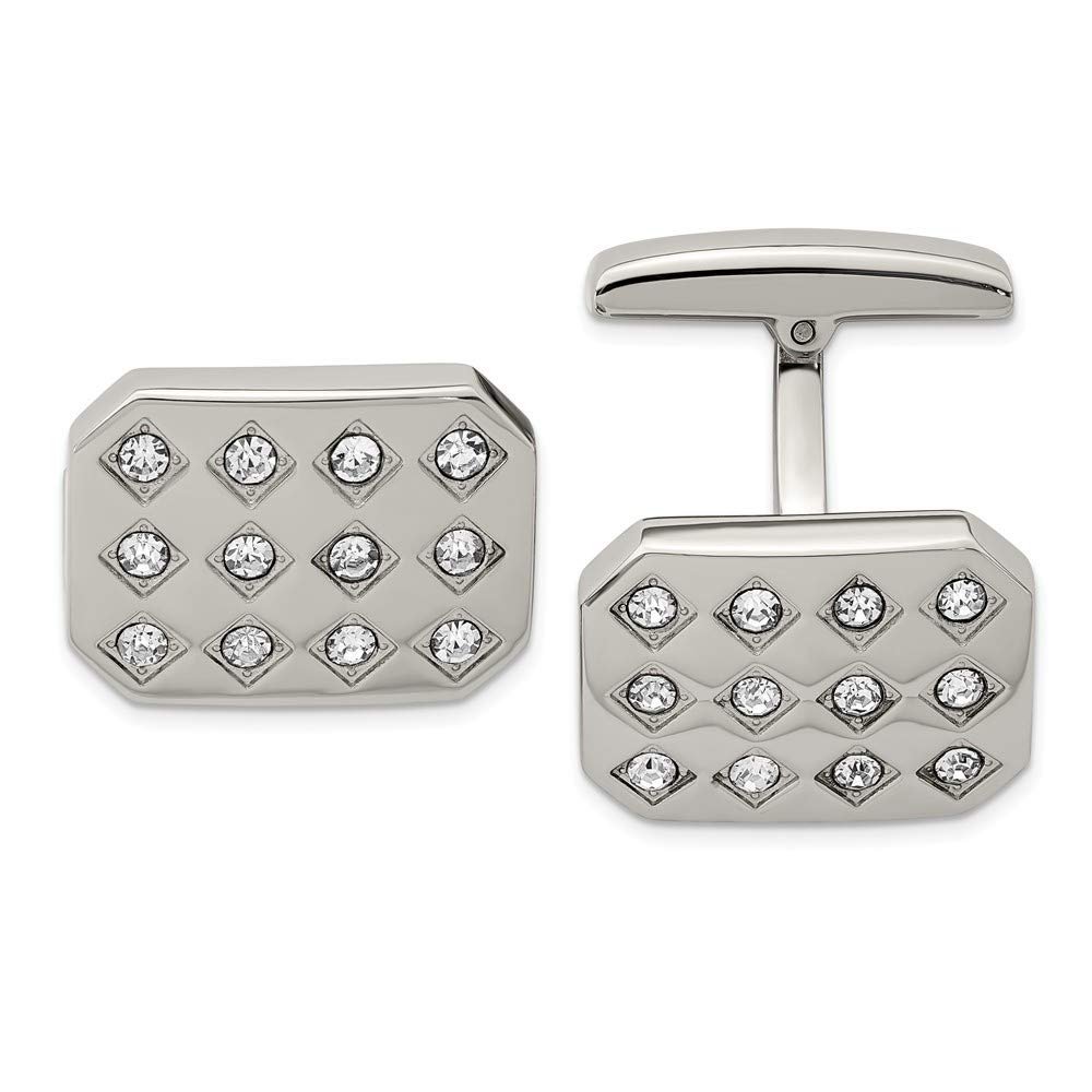 Polished Stainless Steel CZ Cubic Zirconia Simulated Diamond Cufflinks for Men - 19mm Wide Elegant Dress Jewelry - Perfect for Weddings, Business Meetings & Formal Events
