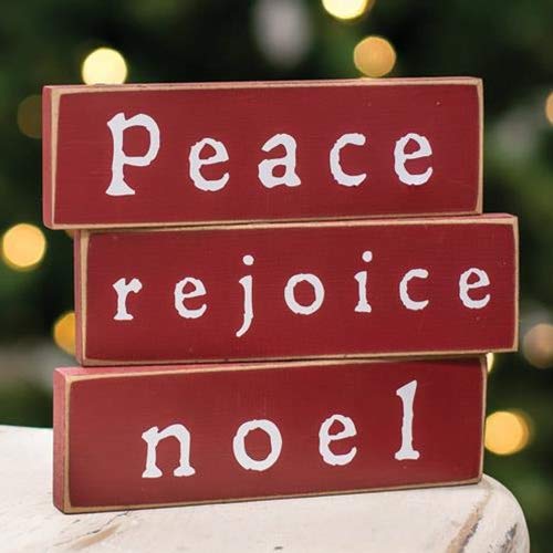 Peace Rejoice Noel Wooden Christmas Mini Blocks Set - Red Distressed Farmhouse Style Holiday Decor for Mantel, Tabletop & Gift Giving