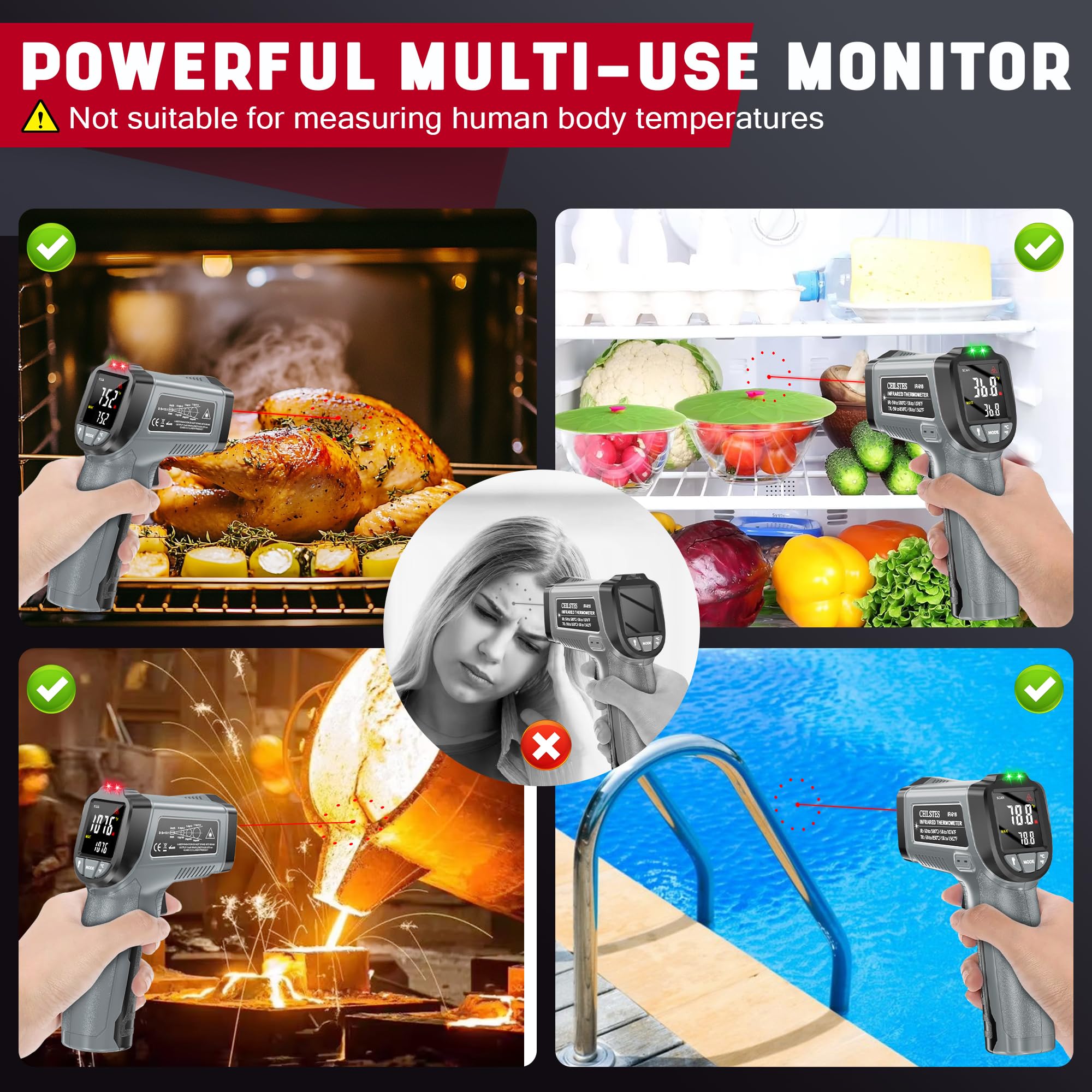 Non-Contact Infrared Thermometer Gun with Laser Pointer -58°F to 1076°F, Adjustable Emissivity & Max/Min Values - Perfect for Industrial Use, Cooking, Griddle, Engine & HVAC Temperature Measurement (Not for Human Body) | Fast & Accurate Readings for Food Safety, Automotive & Home Maintenance