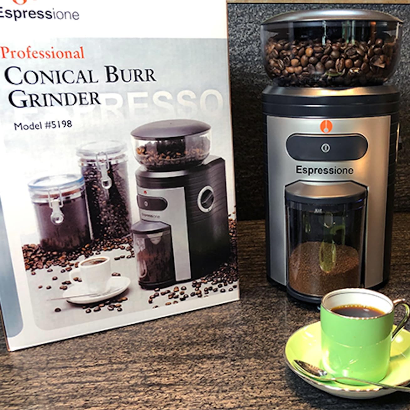 Premium Conical Burr Coffee Grinder - Adjustable Grind Size, 8.5oz Capacity, Black/Silver Finish - Perfect for Espresso, French Press & Pour Over Brewing at Home or Cafe