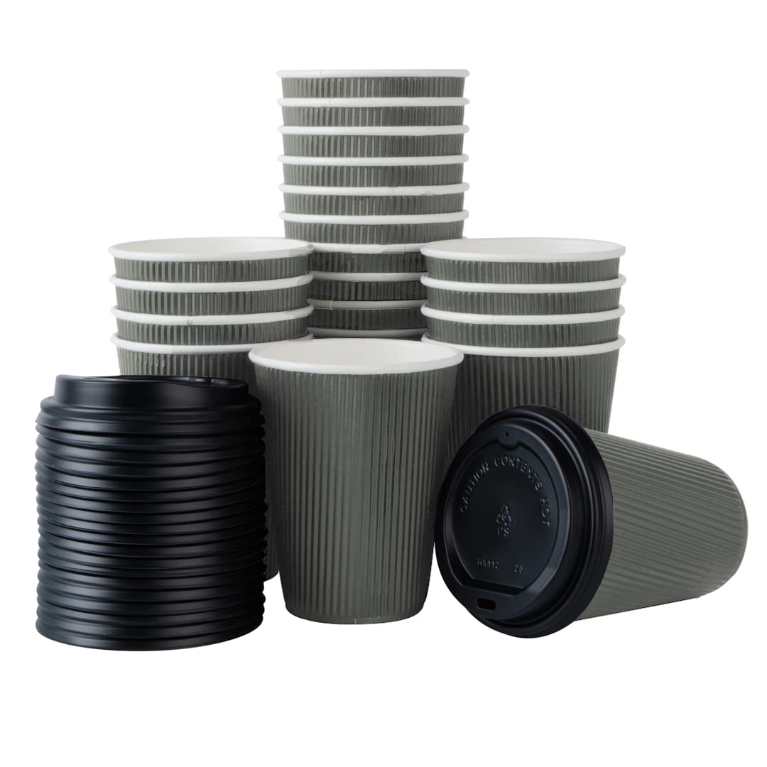 12oz Insulated Paper Coffee Cups with Lids (200 Pack) - Leakproof & Non-Slip Ripple Wall Design, Light Green Disposable Hot Cups for Coffee, Tea, Hot Cocoa & Lattes - Perfect for Cafes, Offices & Catering Events
