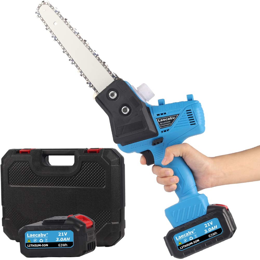 7-Inch Cordless Chainsaw with Brushless Motor - 21V 3.0Ah Battery Powered Electric Chainsaw - Includes 2 Batteries & Charger - Lightweight One-Handed Design for Tree Branch Cutting, Yard Work, and Wood Trimming (Blue)