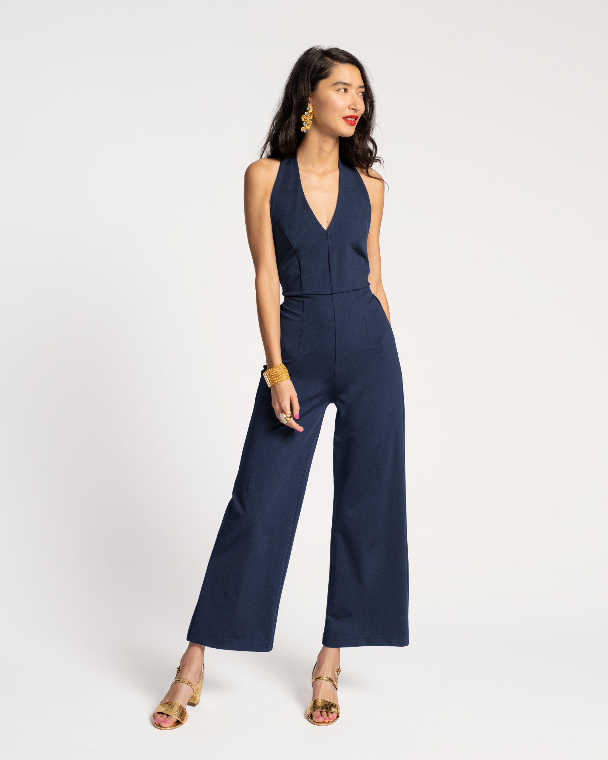 Women's Navy Halter Jumpsuit - Sexy Summer Romper with Adjustable Straps & Pockets | Perfect for Beach Vacation, Music Festival, and Date Night Outfits