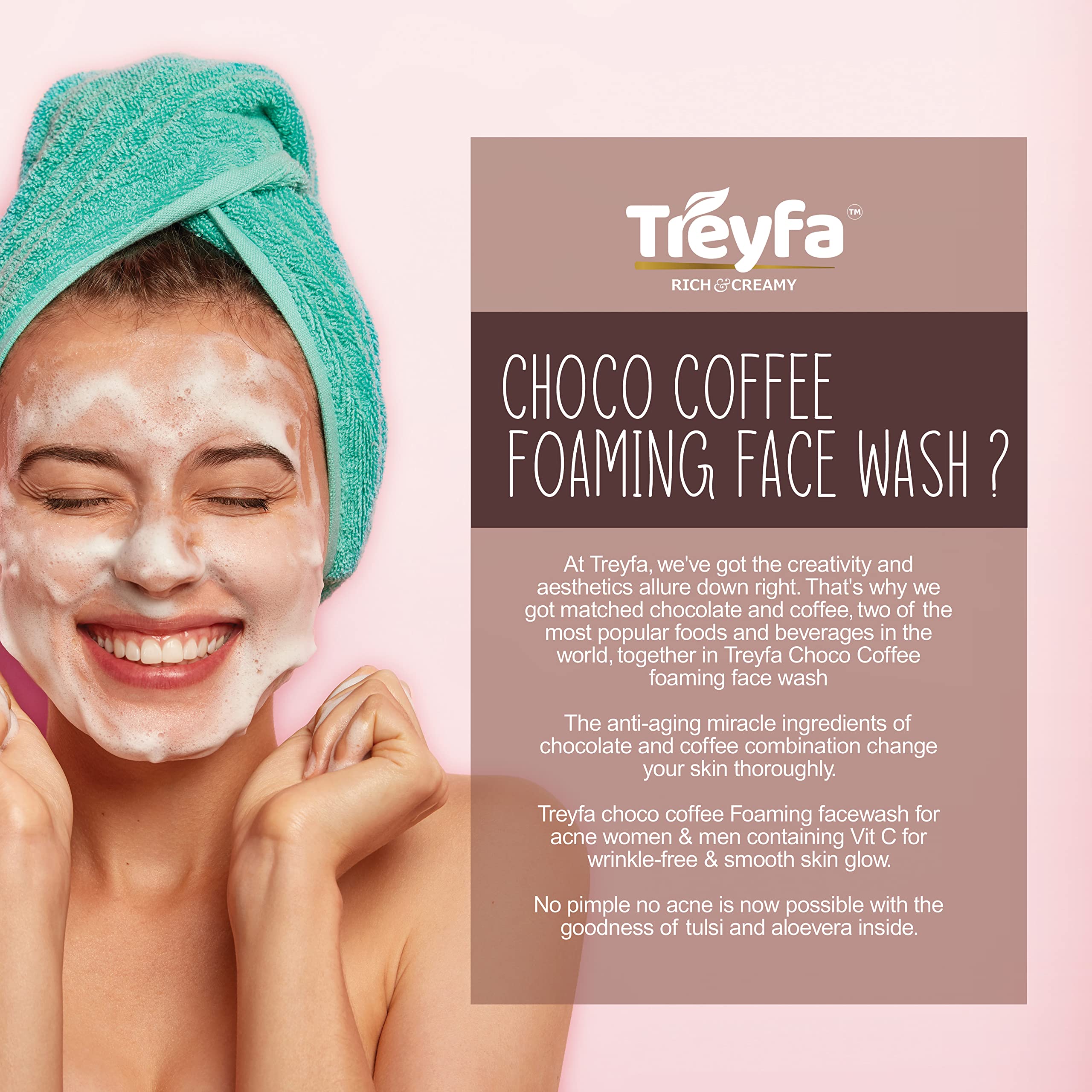 Treyfa Choco Coffee Foaming Face Wash with Vitamin C - Natural Glow & Hydrating Cleanser for Men & Women | Acne Treatment & Beard Wash | Paraben, Sulfate & Silicone Free (150ml) | Perfect for Morning Skincare Routine & Post-Shave Care