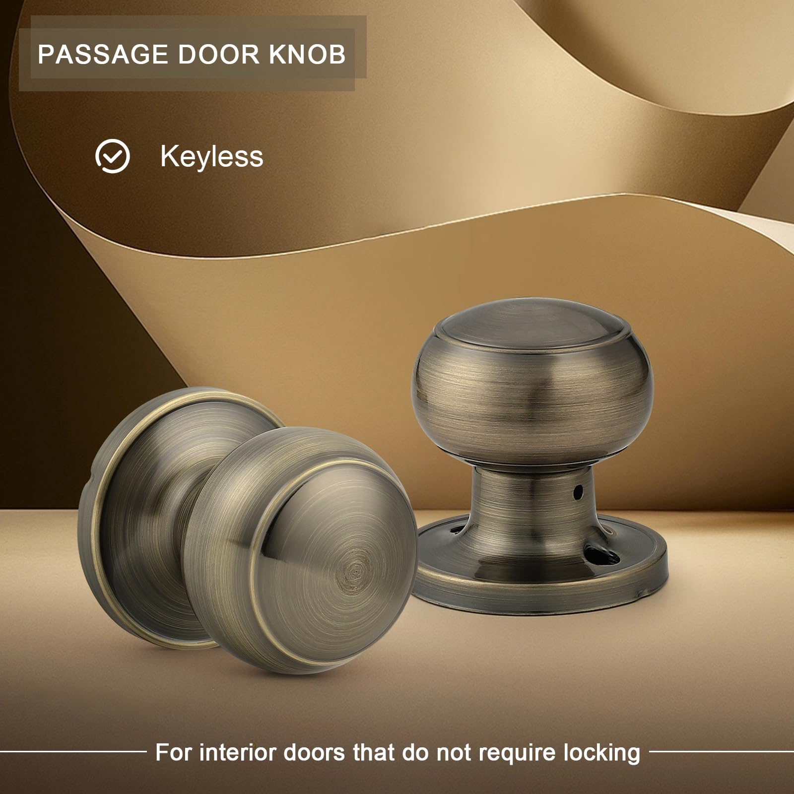 Antique Brass Door Knobs 2-Pack - Keyless Passage Locks for Closet & Hallway