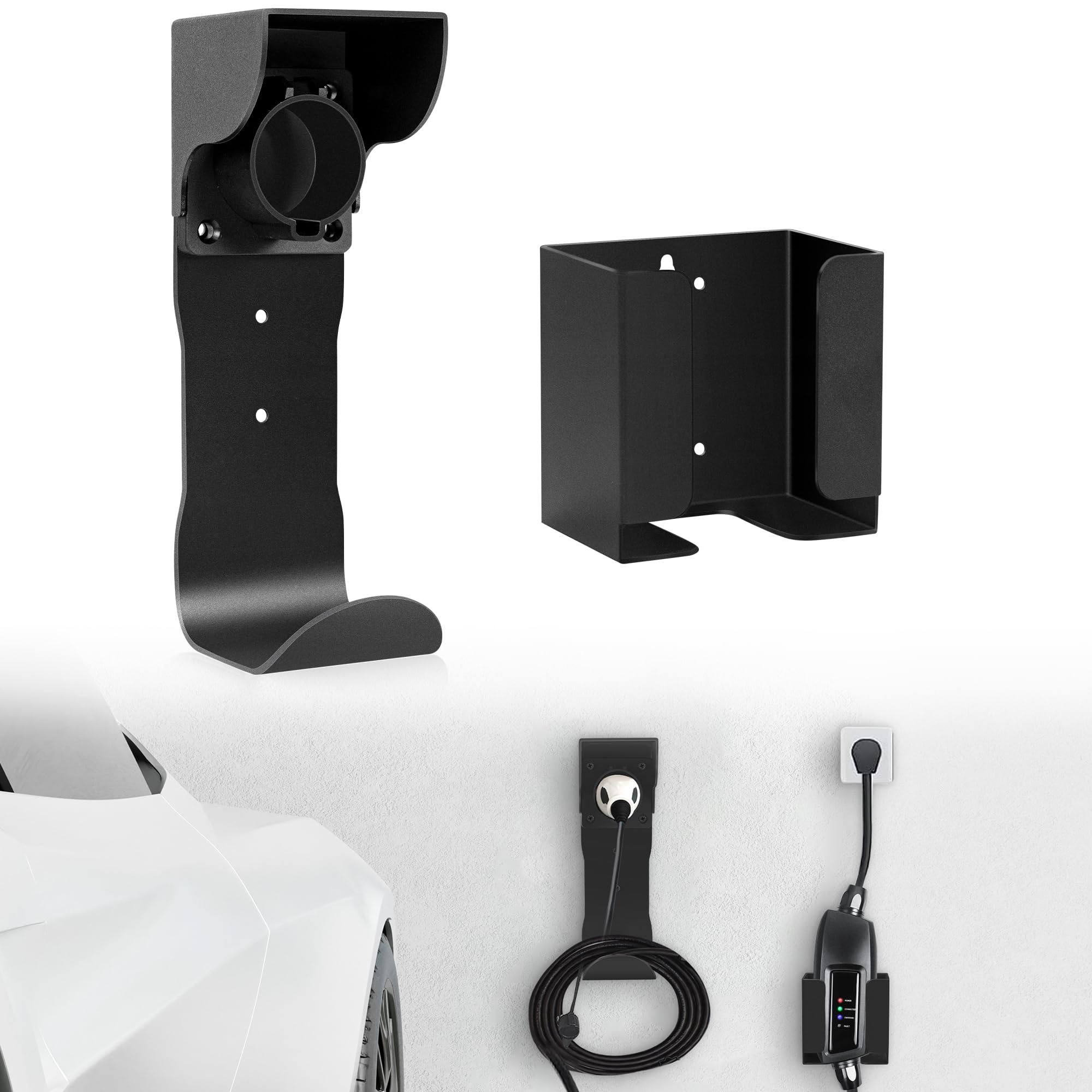 VarCozy EV Charger Holder Set - Wall Mount SAE J1772 Charging Box & Nozzle Holster Dock with J-Hook - Organizer for Electric Car Charging Cable - Perfect for Home Garage & Outdoor Parking Use