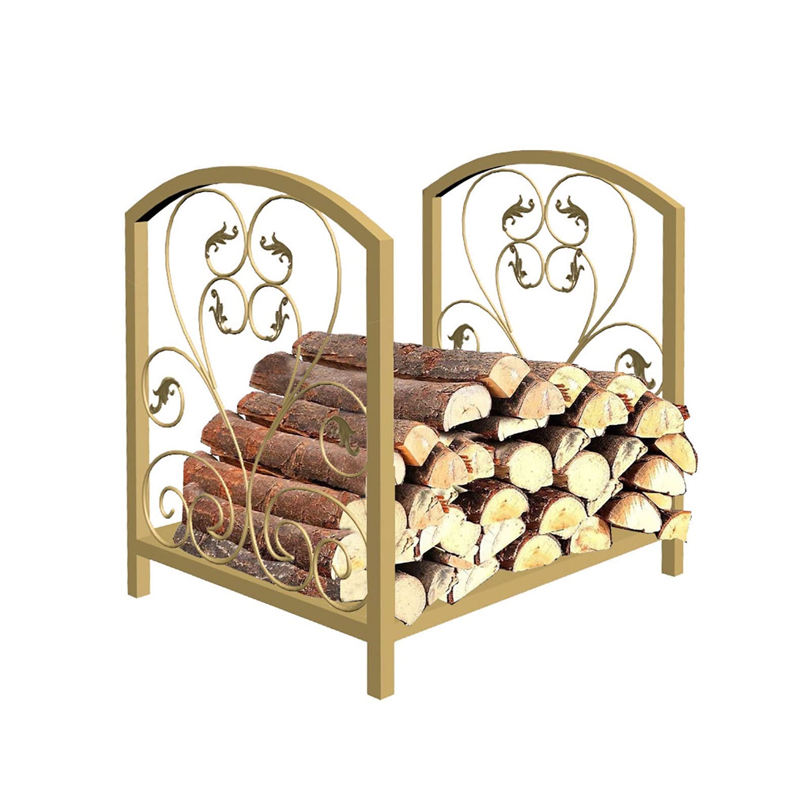 Heavy Duty Wrought Iron Scroll Firewood Rack Stand - 17.7 Inch Indoor/Outdoor Log Holder for Firewood Storage - Gold Finish - Perfect for Fireplace, Patio, and Camping Use