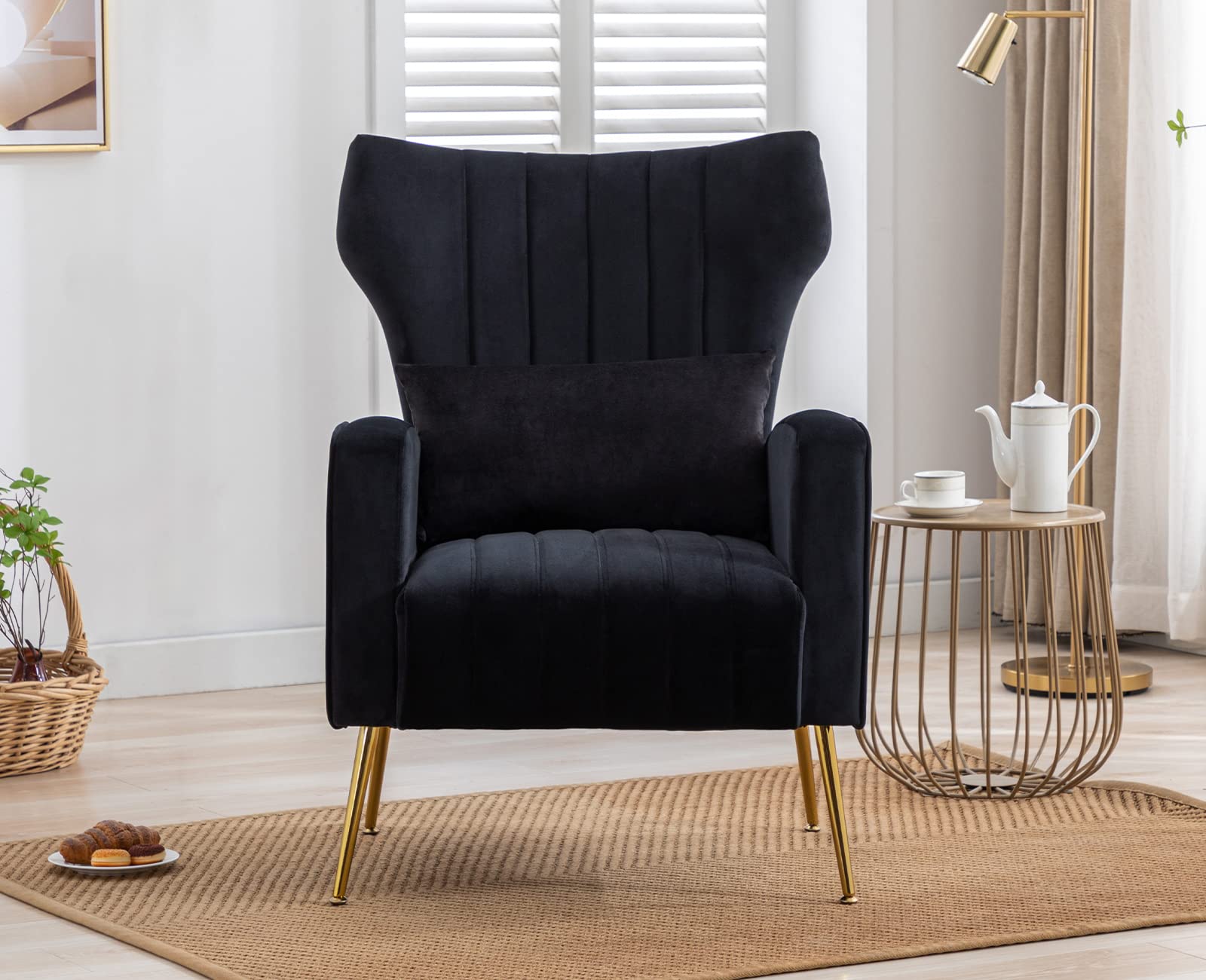 Kmax Velvet Accent Chair - Mid-Century Modern Armchair with Gold Metal Legs & Wingback Design, Includes Soft Pillow (Set of 2, Black) - Perfect for Bedroom Seating, Living Room Decor, Vanity Area & Cozy Reading Nook