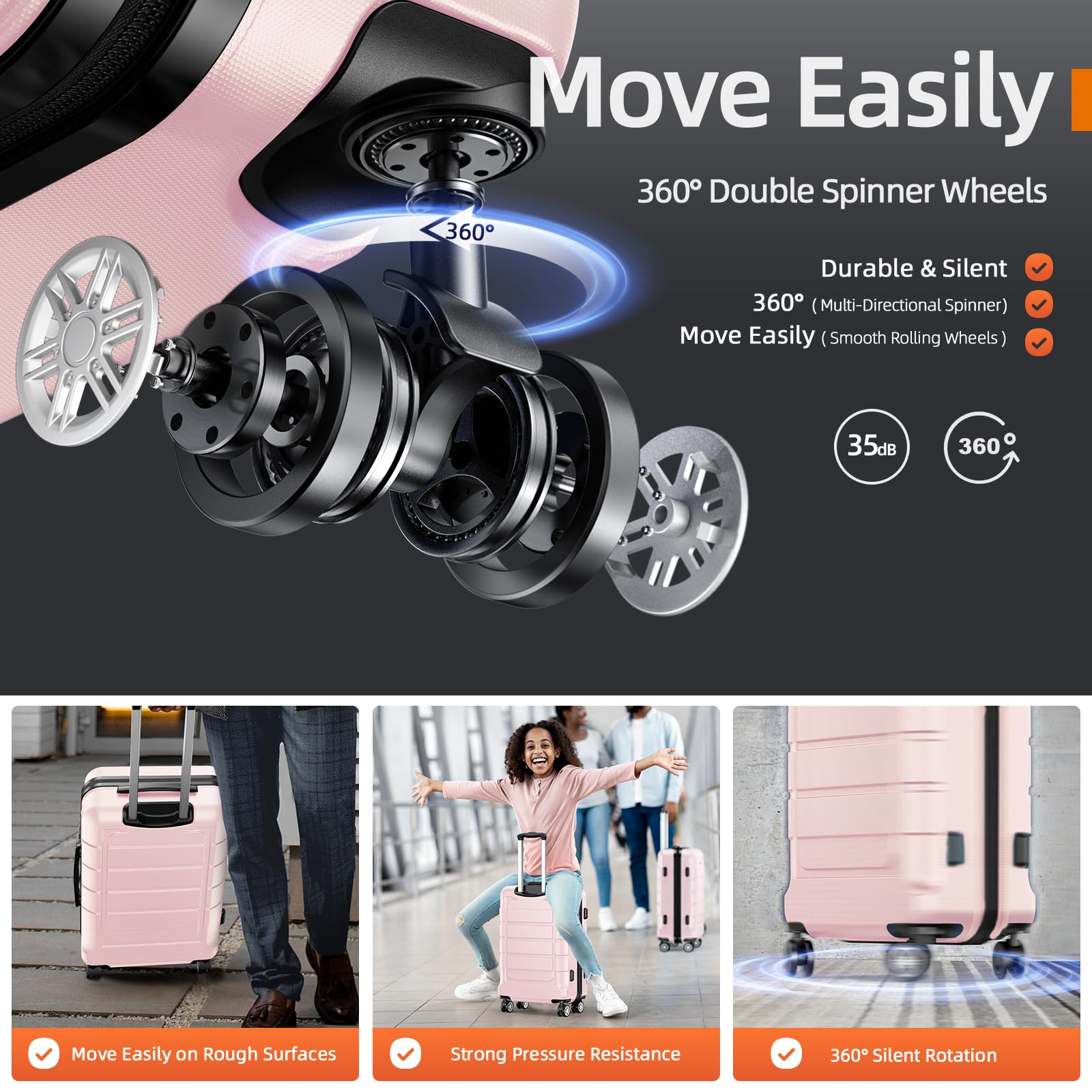 SHOWKOO Expandable Luggage Set - 3-Piece Durable PC+ABS Suitcase with Double Spinner Wheels & TSA Lock (Pink) - Perfect for Air Travel, Business Trips & Family Vacations
