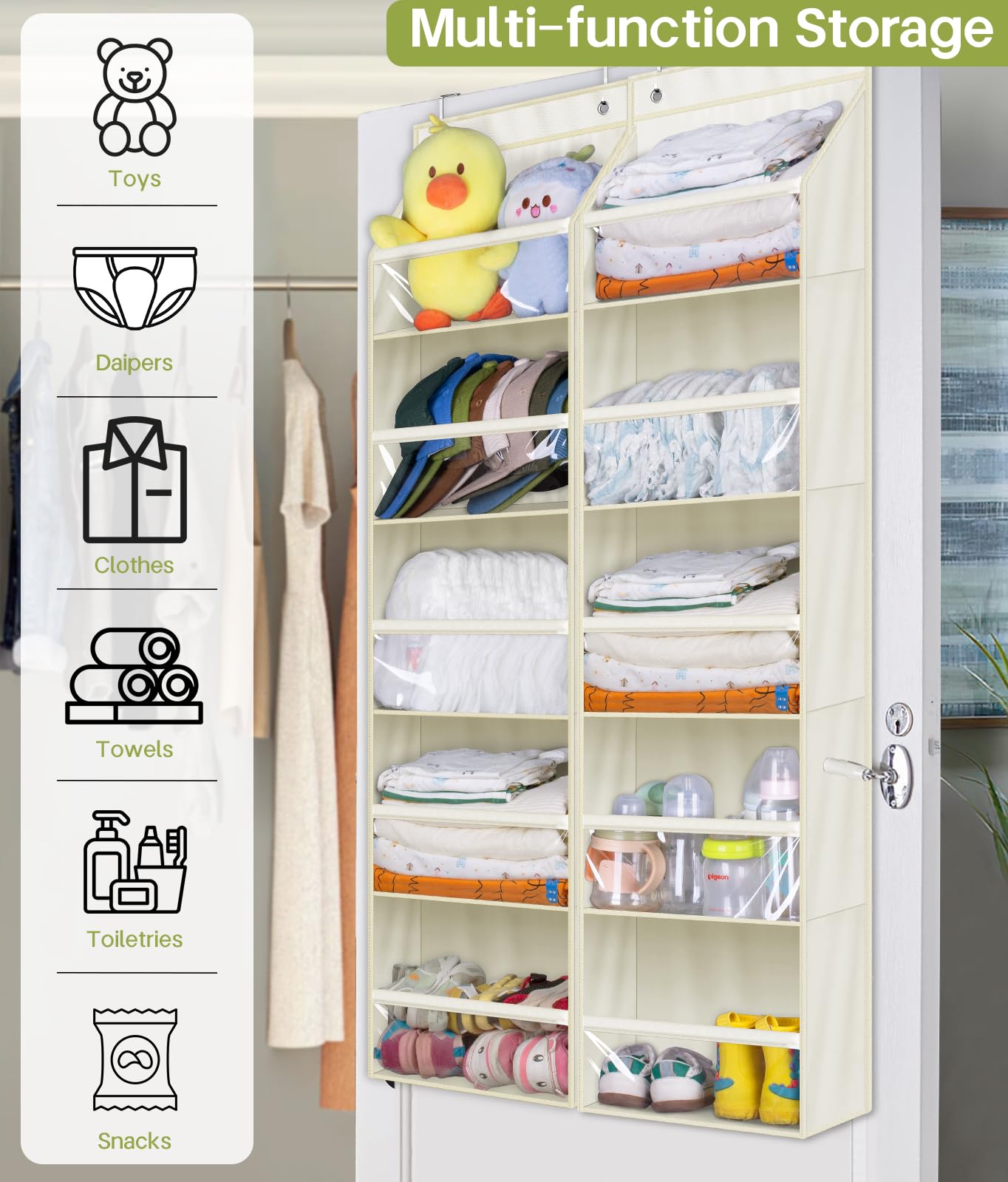 AOODA 2 Pack Over The Door Hanging Organizer with Clear Deep Pockets - Large Capacity Storage for Baby Clothes, Diapers, Toys | Perfect for Nursery, Bathroom, Bedroom & Pantry Organization (Light Beige)