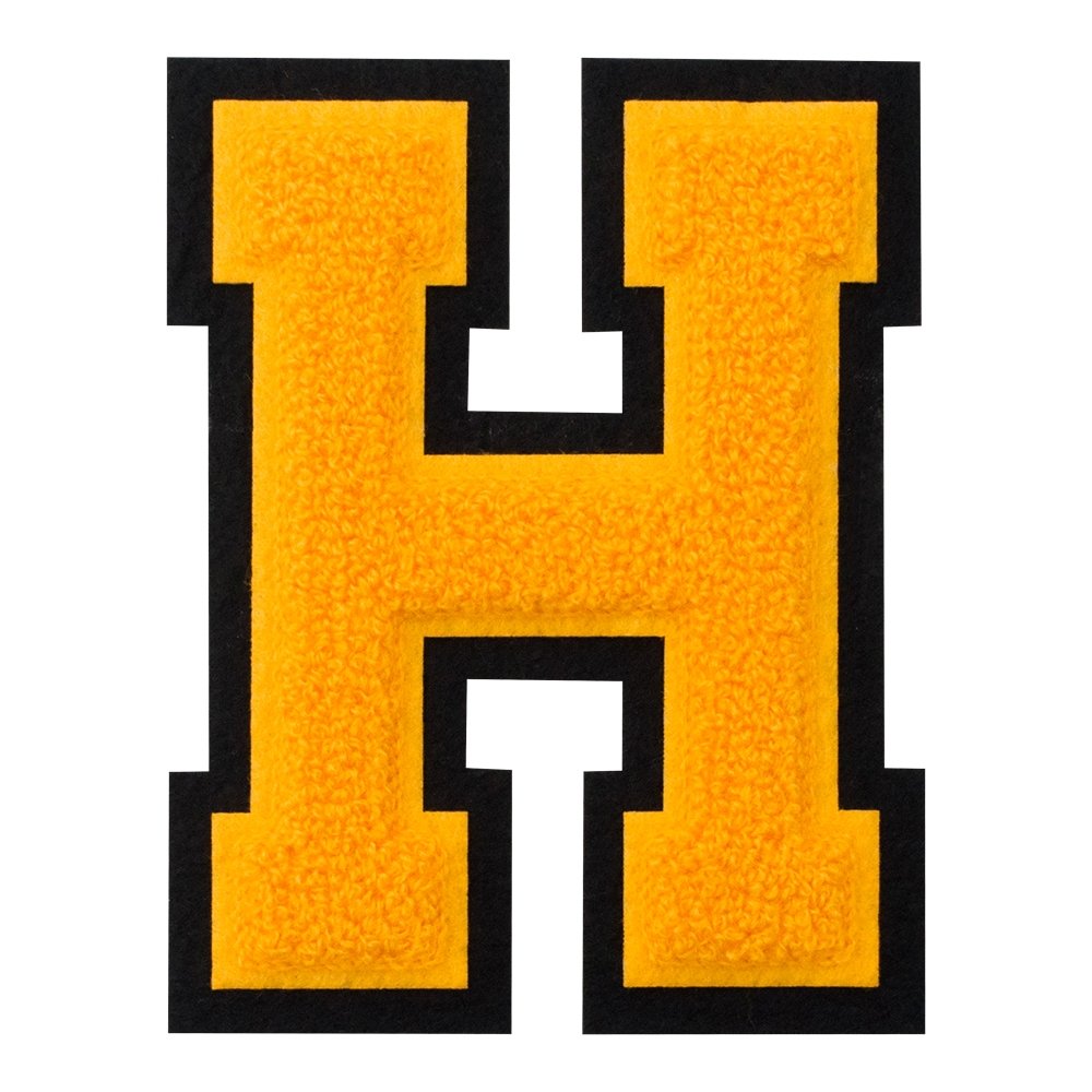 H - Gold on Black - 4.5 Inch Heat Seal & Sew On Chenille Varsity Letter Patch for Jackets, Hats, Bags & DIY Crafts