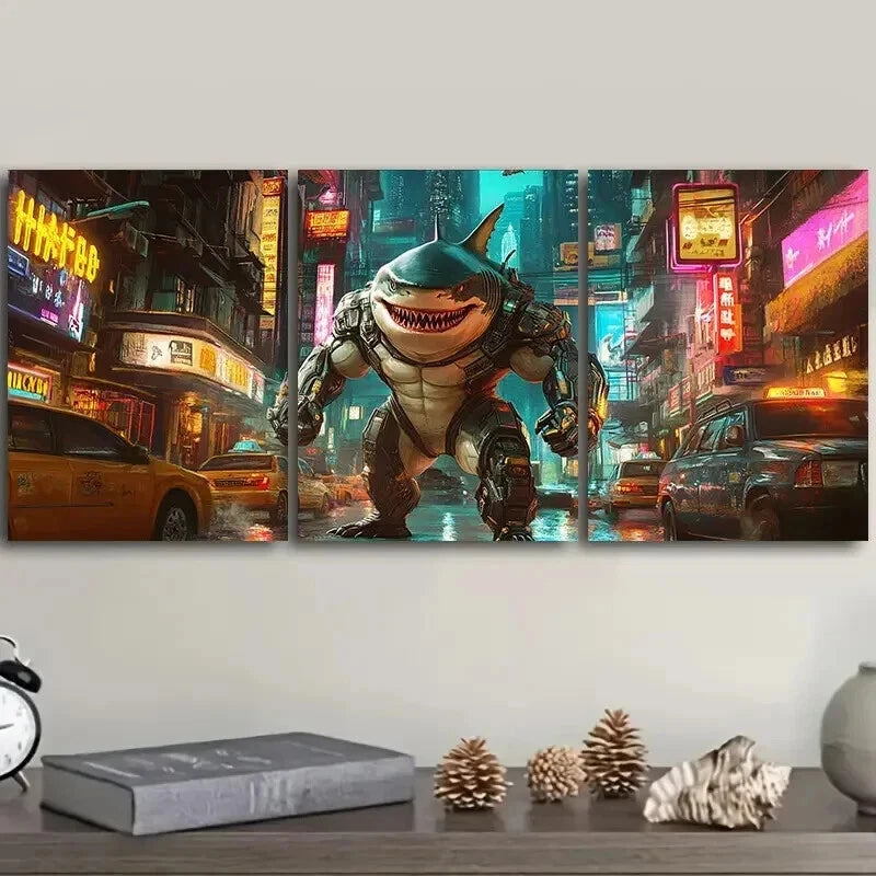 3-Piece Shark Warrior Wall Art Set - Framed Canvas 50x70cm (20x28in) - High Quality Print - 100% Australian Made - Ready to Hang - Perfect for Living Room, Bedroom, or Office Decor