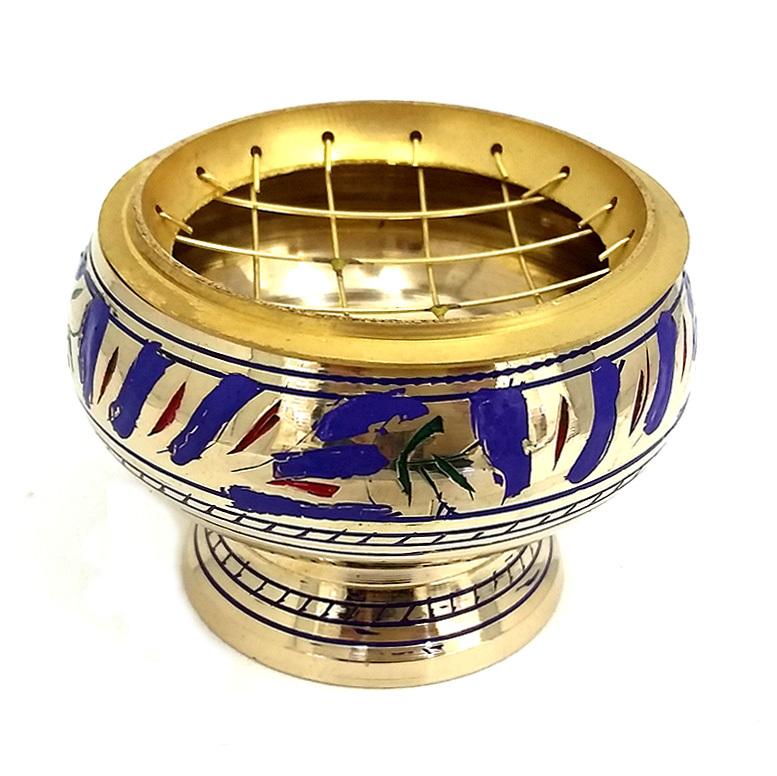 Handcrafted Brass Charcoal Burner with Intricate Blue Etching - Perfect for Hookah, Incense & Home Decor