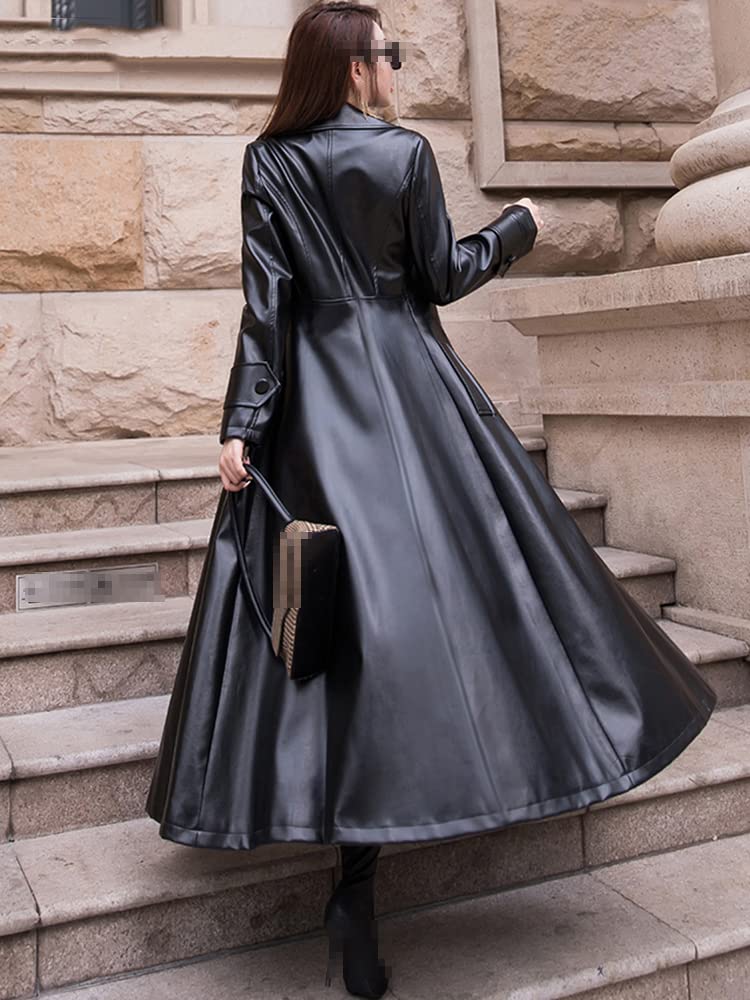Women's Black Flare Leather Trench Coat - Long Sleeve Lapel Jacket for Spring | Stylish Outerwear for Office, Dating & Evening Events