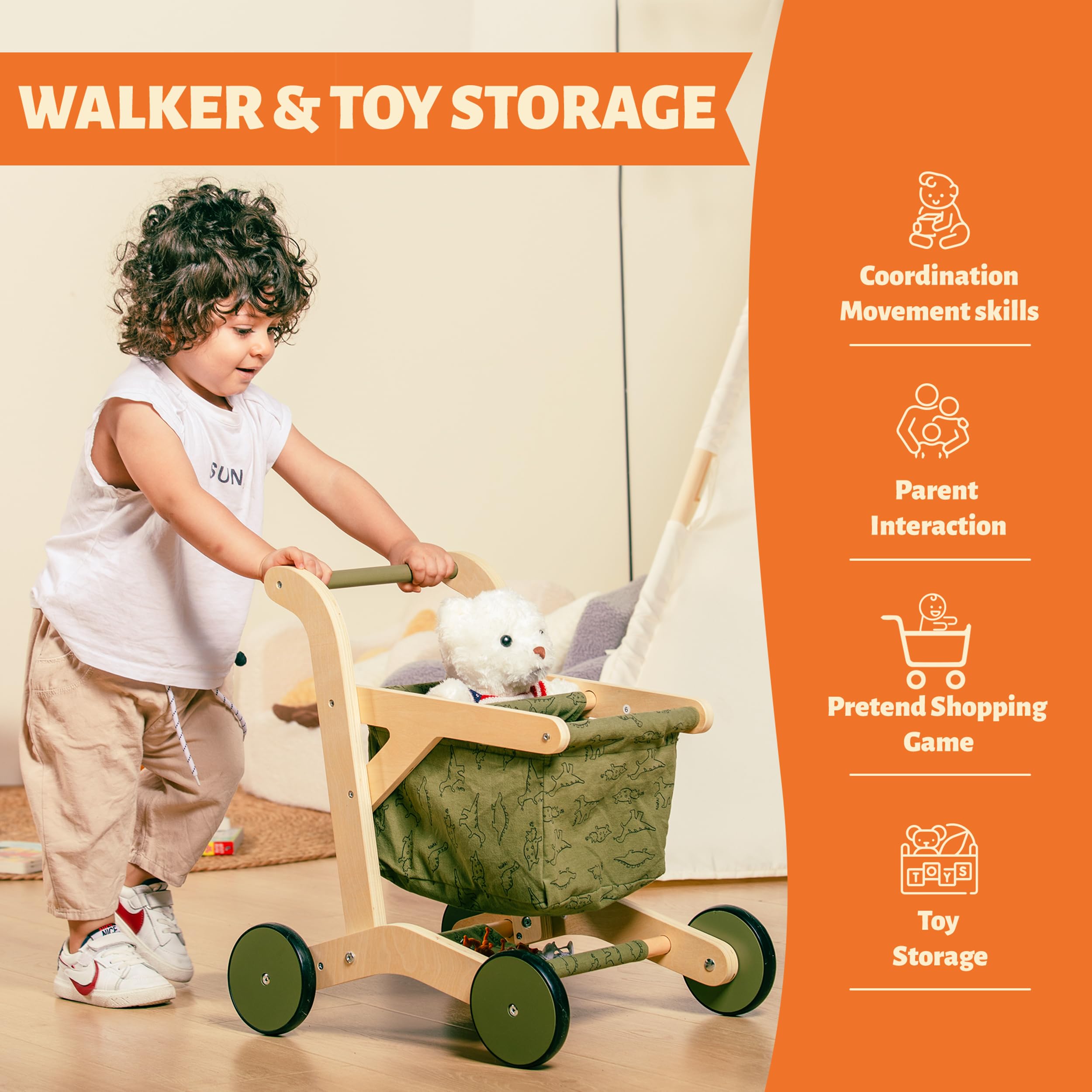 Kobkz Wooden Baby Walker & Push Toy for Toddlers - Natural Wood Learning Walker with Wheels, First Steps Assistant (Green) | Perfect for Early Walking Practice, Indoor Play & Montessori Learning