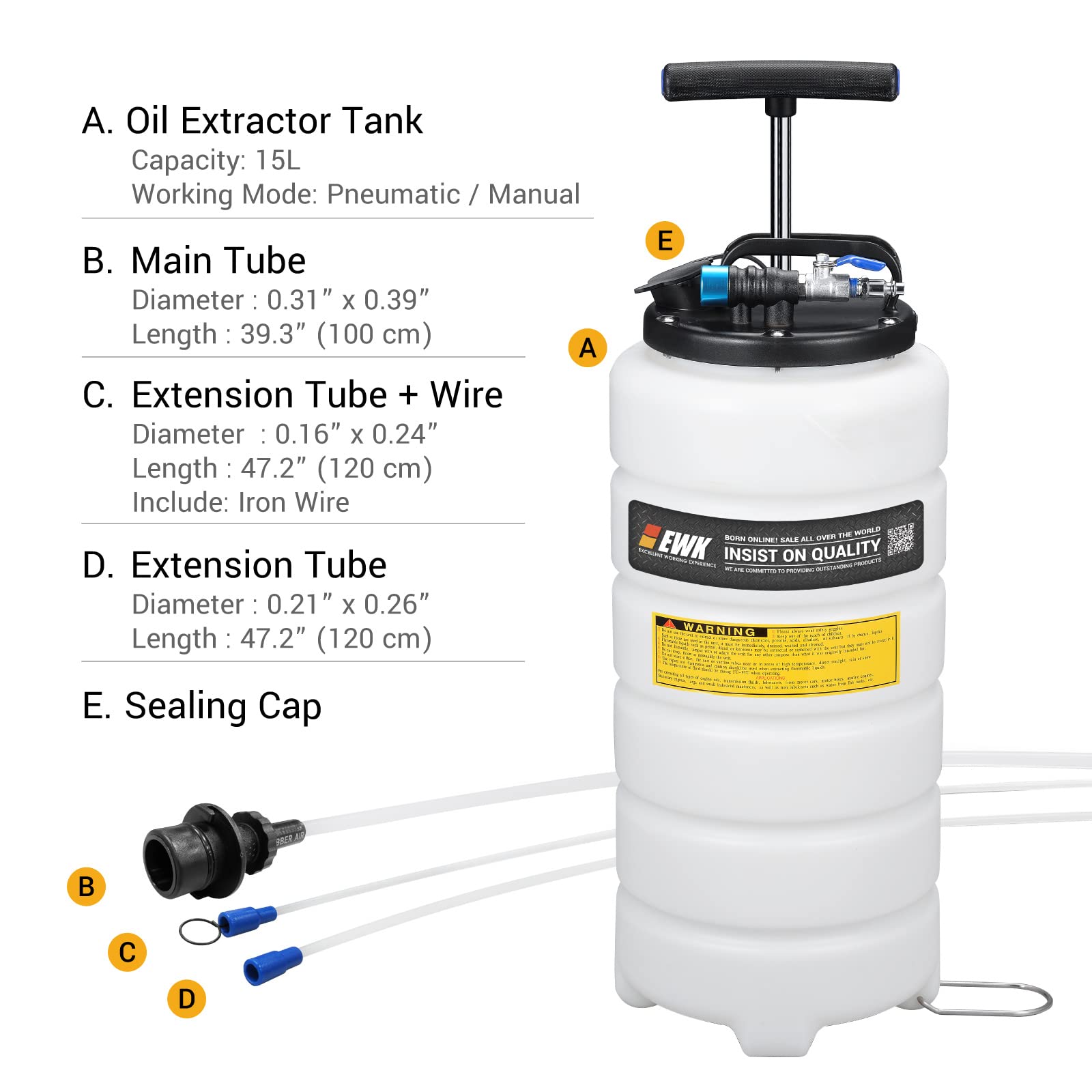 EWK Patented 15L Pneumatic/Manual Oil Extractor Pump - Automotive Fluid Change & Vacuum Evacuation Tool for Engine Oil, Transmission, Coolant | Perfect for DIY Car Maintenance & Professional Garage Use