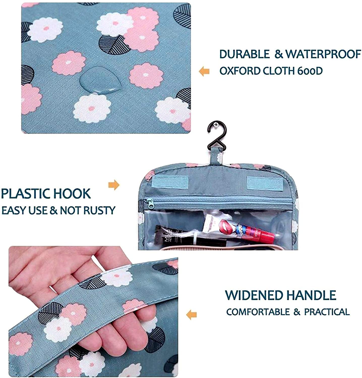 Trawila Travel Hanging Toiletry Bag for Men & Women - Waterproof Cosmetic Organizer with Sturdy Hook, Perfect for Bathroom & Makeup Storage (Blue Floral Design) | Ideal for Camping, Gym & Business Trips