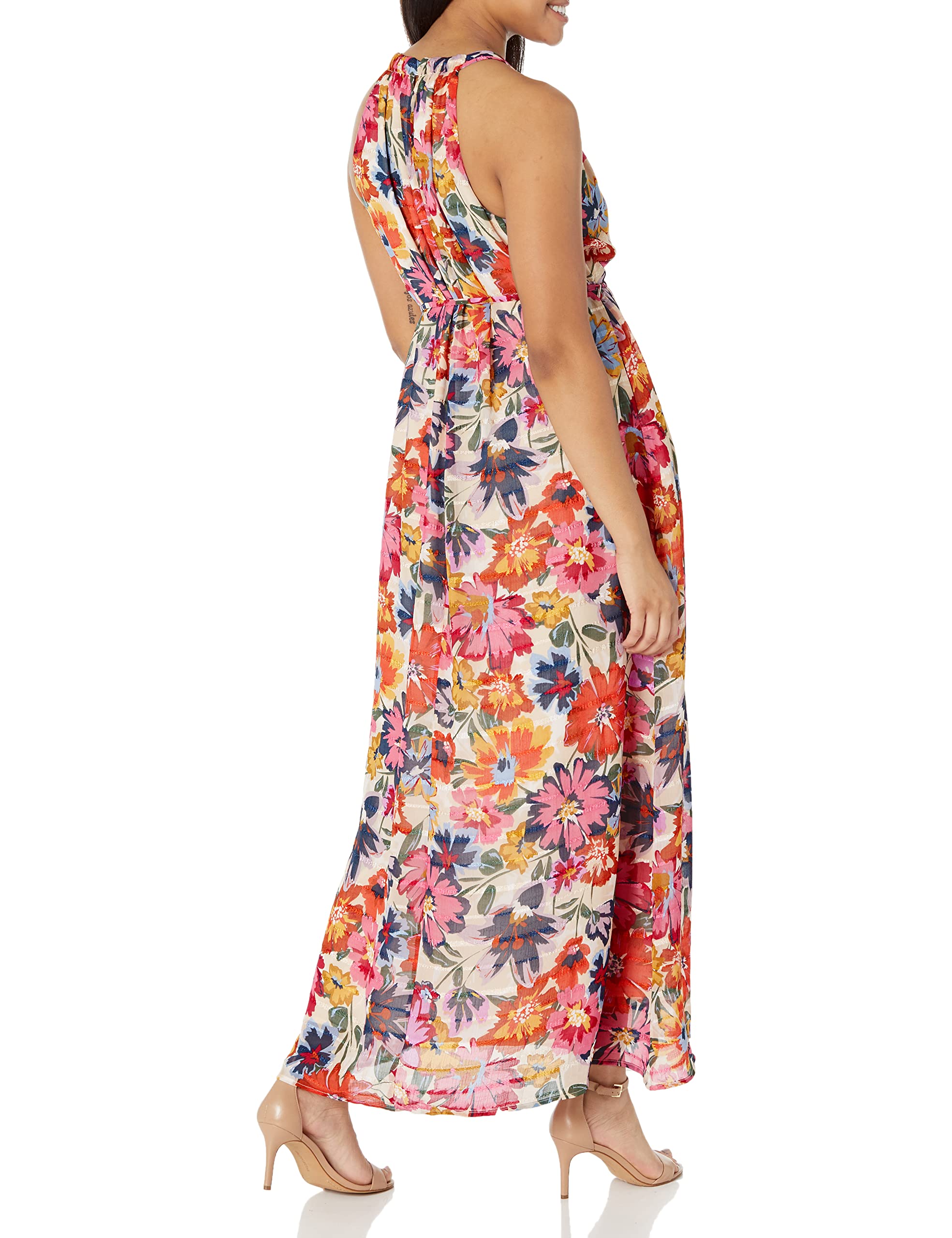 Maggy London Floral Halter Maxi Dress with Waist Tie for Summer Beach