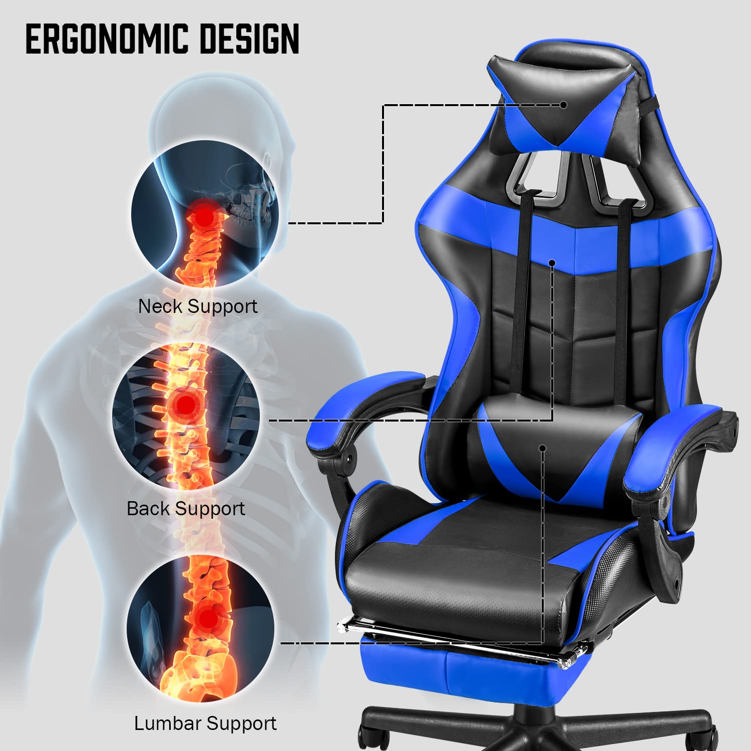 Soontrans Ergonomic Gaming Chair with Adjustable Headrest & Lumbar Support - Blue Computer Game Chair for PC, E-Sports with Retractable Footrest - Perfect for Home Office, Streaming & Pro Gaming Sessions (Storm Blue)