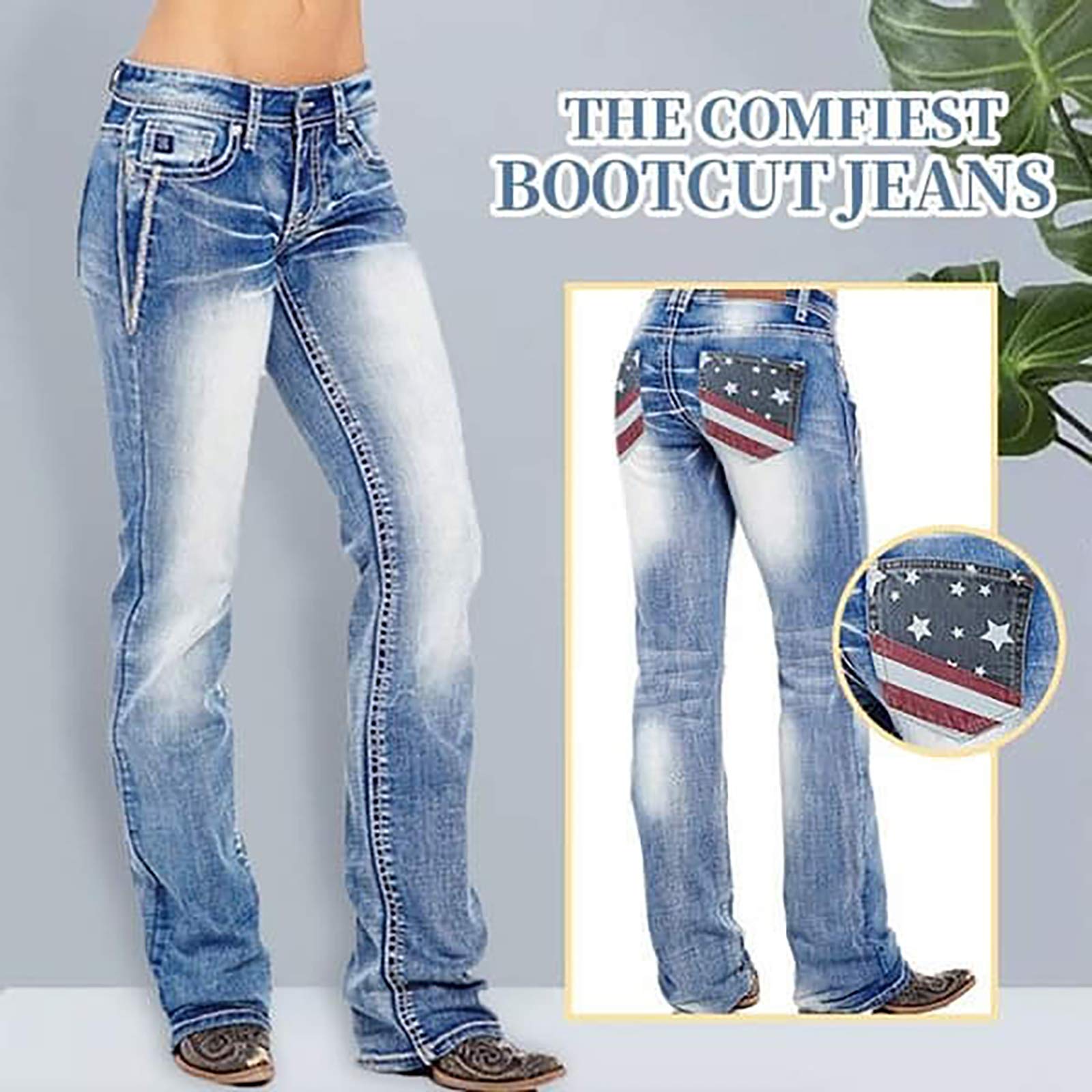 Women's American Flag Print Mid Rise Bootcut Jeans - Patriotic Denim Pants for Casual Wear & 4th of July Outfits