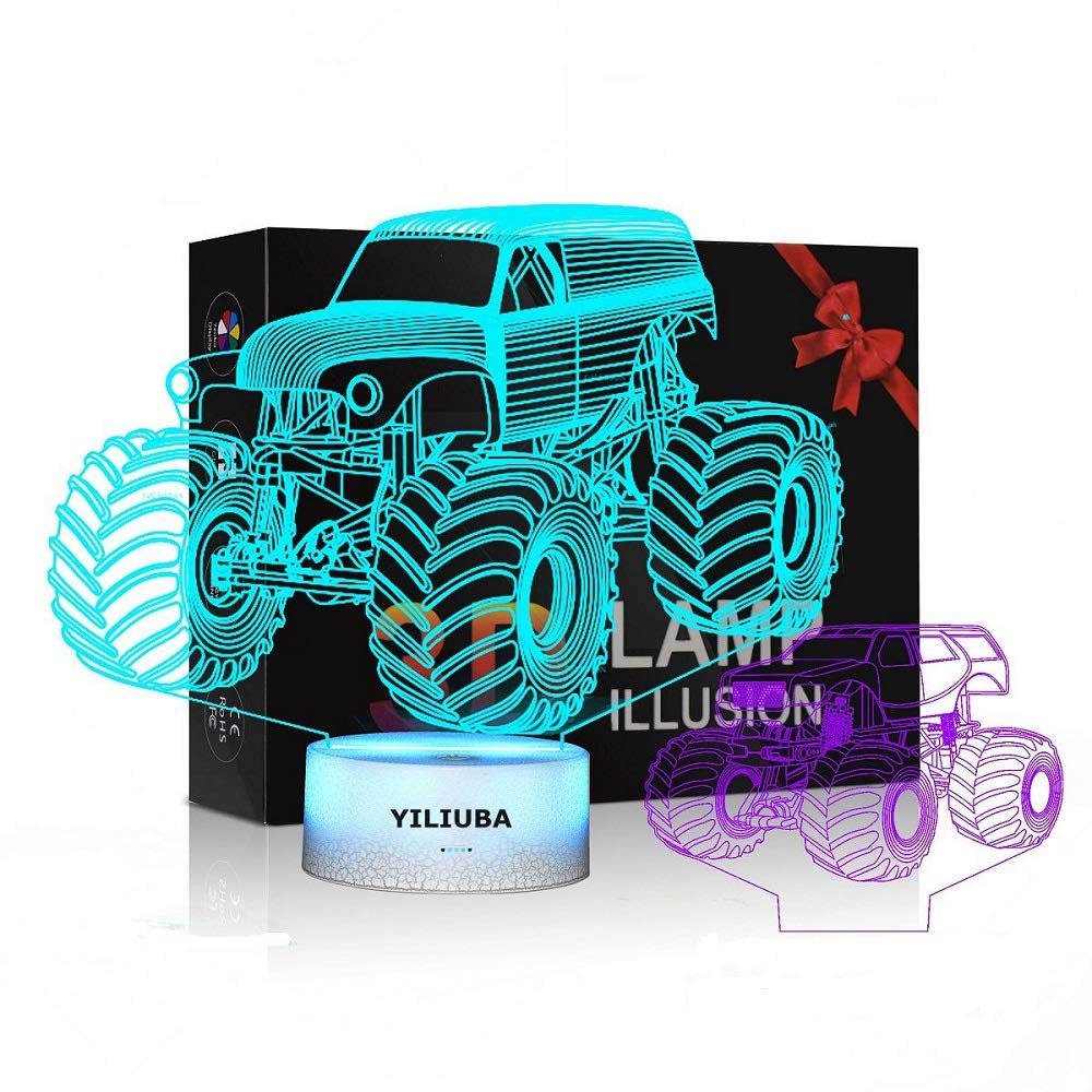 3D Illusion Night Light for Kids - 7 Color Changing LED Lamp with Monster Truck Design, Perfect for Boys Bedroom Decor & Gift for Monster Truck Fans - Creates a Fun and Soothing Ambiance for Bedtime, Playrooms, and Kids Parties