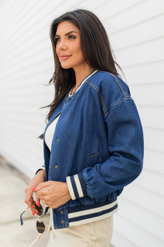 Never Left Me Denim Bomber Jacket for Men & Women | Vintage Distressed Denim Jacket with Ribbed Cuffs | Casual Outerwear for Streetwear, Fall Fashion & Everyday Wear