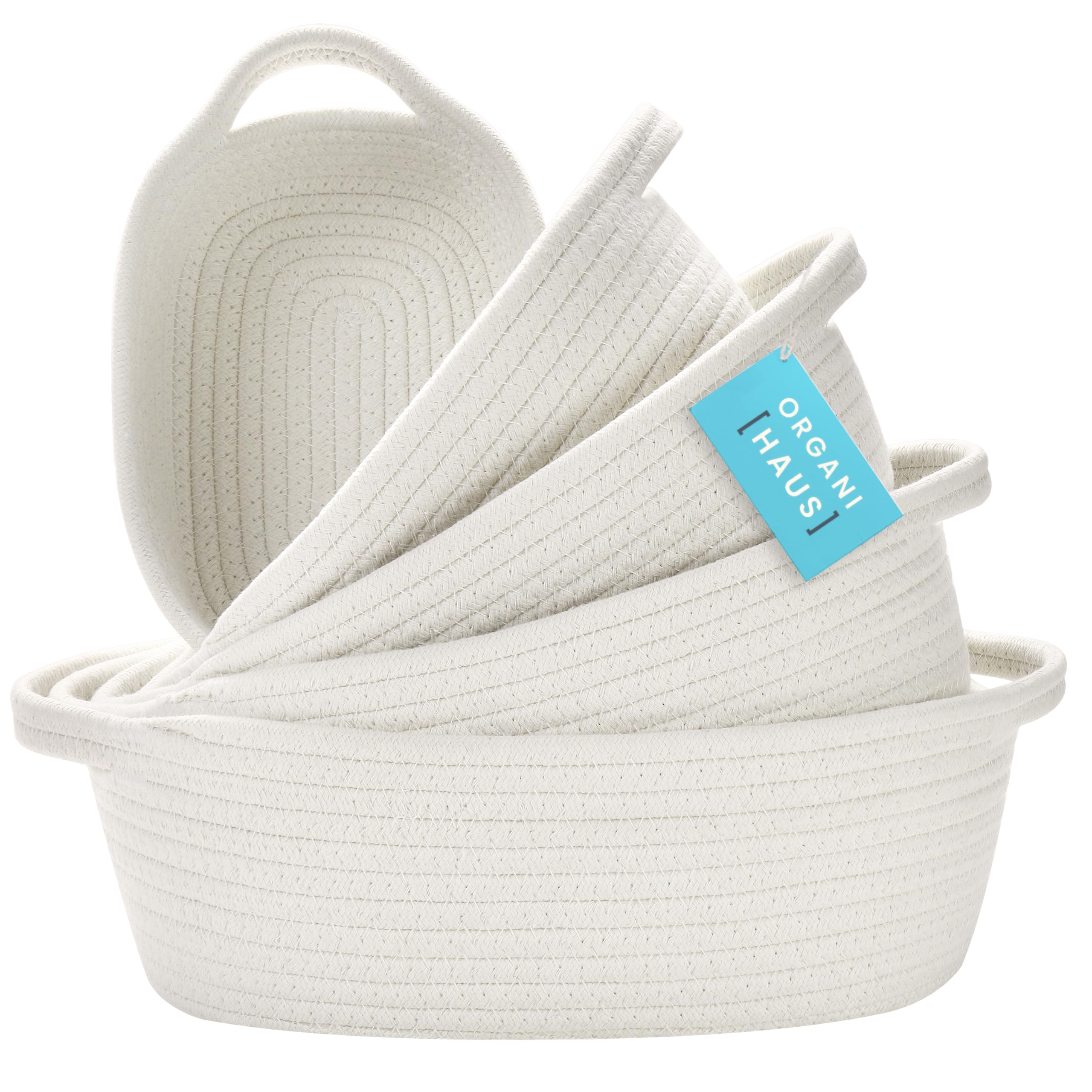OrganiHaus Set of 5 White Woven Storage Baskets - Rectangle Bathroom & Nursery Organizer Bins, Small Rope Baskets for Home Organization | Perfect for Bathroom Essentials, Baby Items & Closet Storage