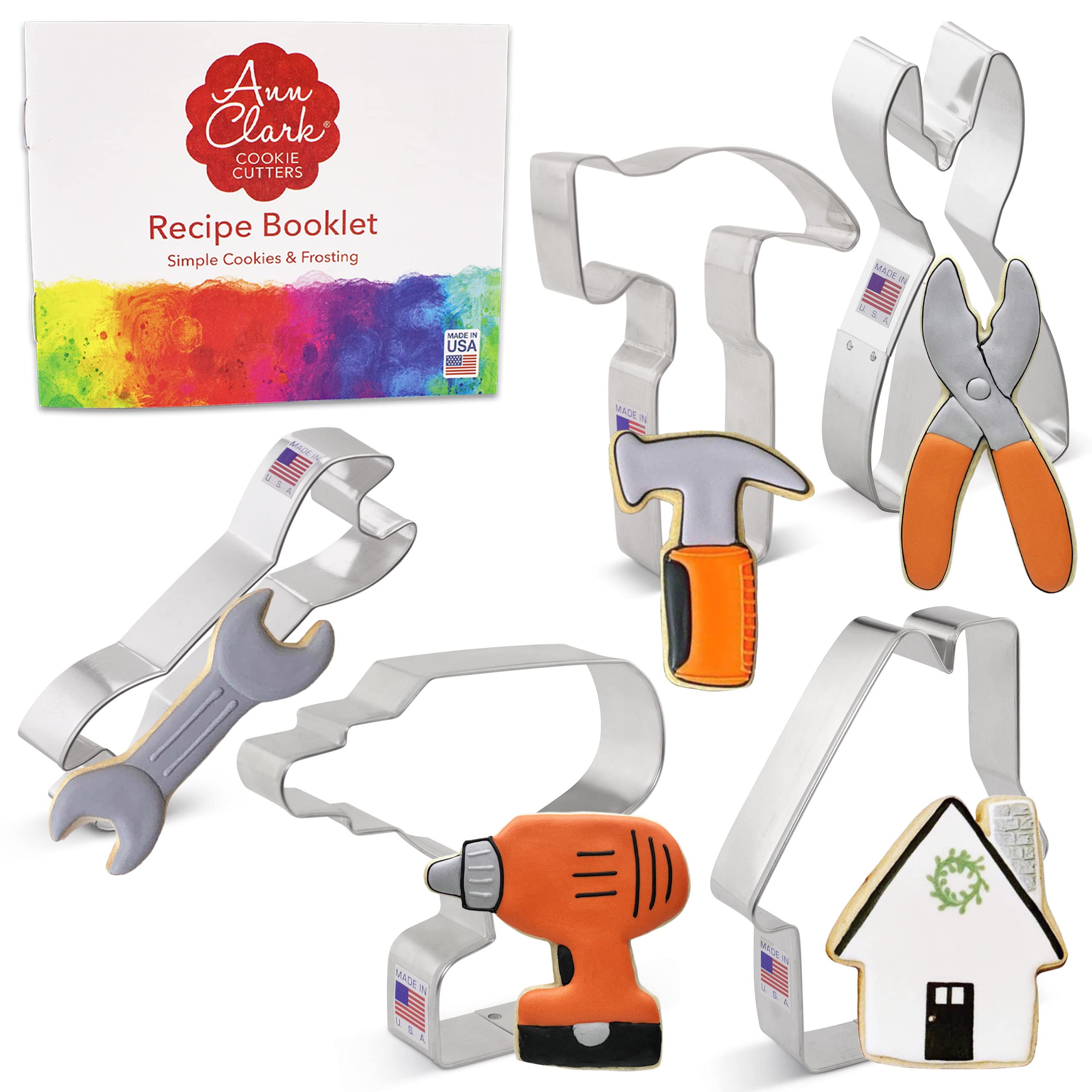 Father's Day Construction Cookie Cutters Set - 5-Pc. Cordless Drill, Hammer, Wrench, Pliers & House Shaped Metal Cutters | Made in USA by Ann Clark | Perfect for DIY Cookies, Baking Gifts & Father's Day Celebrations