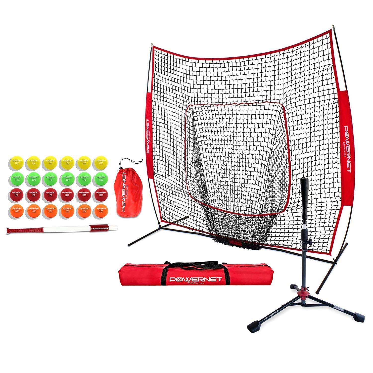 PowerNet Baseball & Softball Training Bundle – 7x7 Net, Deluxe Tee, Sweet Spot Bat & Micro Balls | Improve Hitting Skills & Hand-Eye Coordination | Perfect for Backyard Practice, Batting Cages & Team Drills