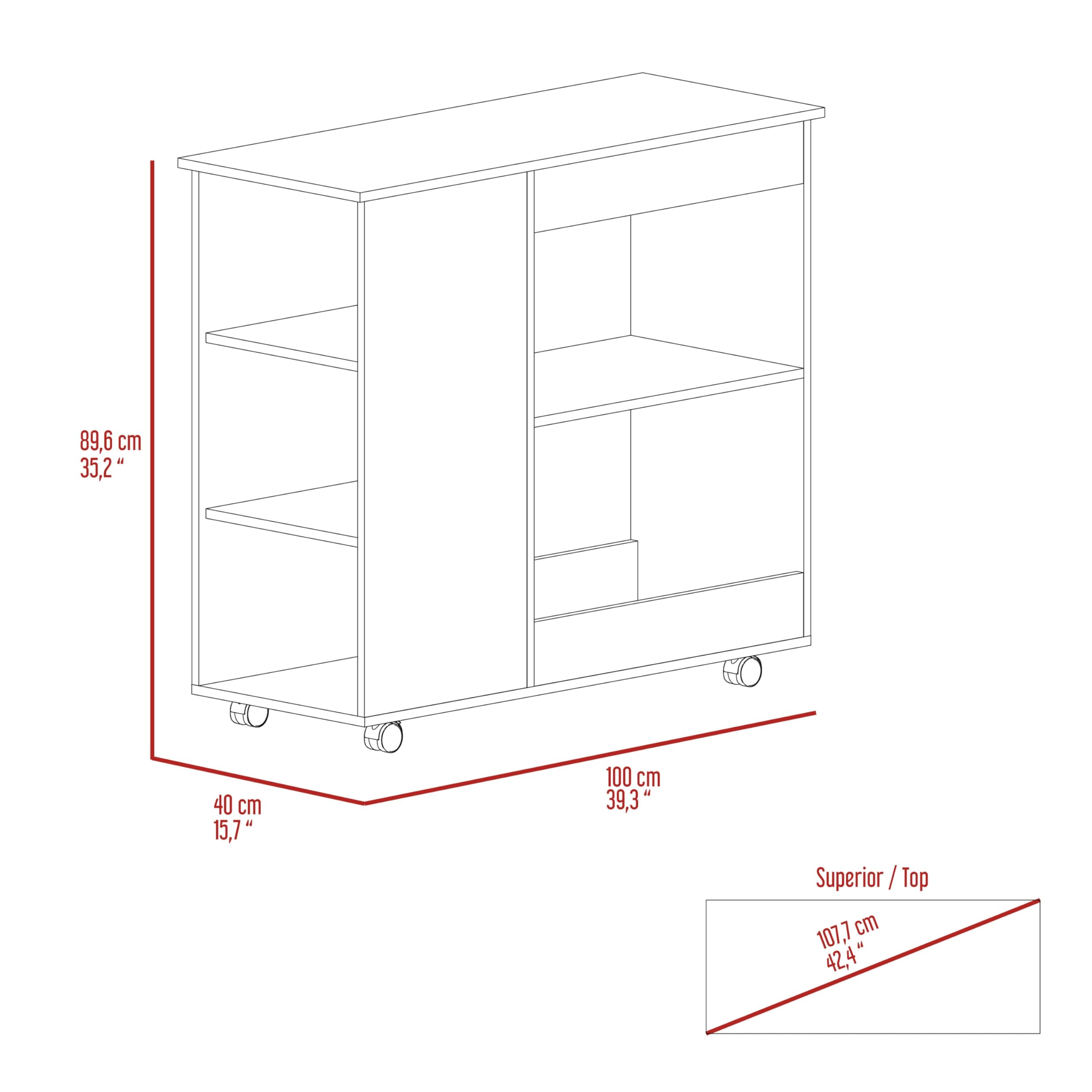 Tuhome Nigella Kitchen Cart with 2 Storage Shelves, 4 Casters & 3 Side Shelves - White/Dark Brown | Rolling Island for Small Kitchen, Dining Room or Bar Counter Organizer