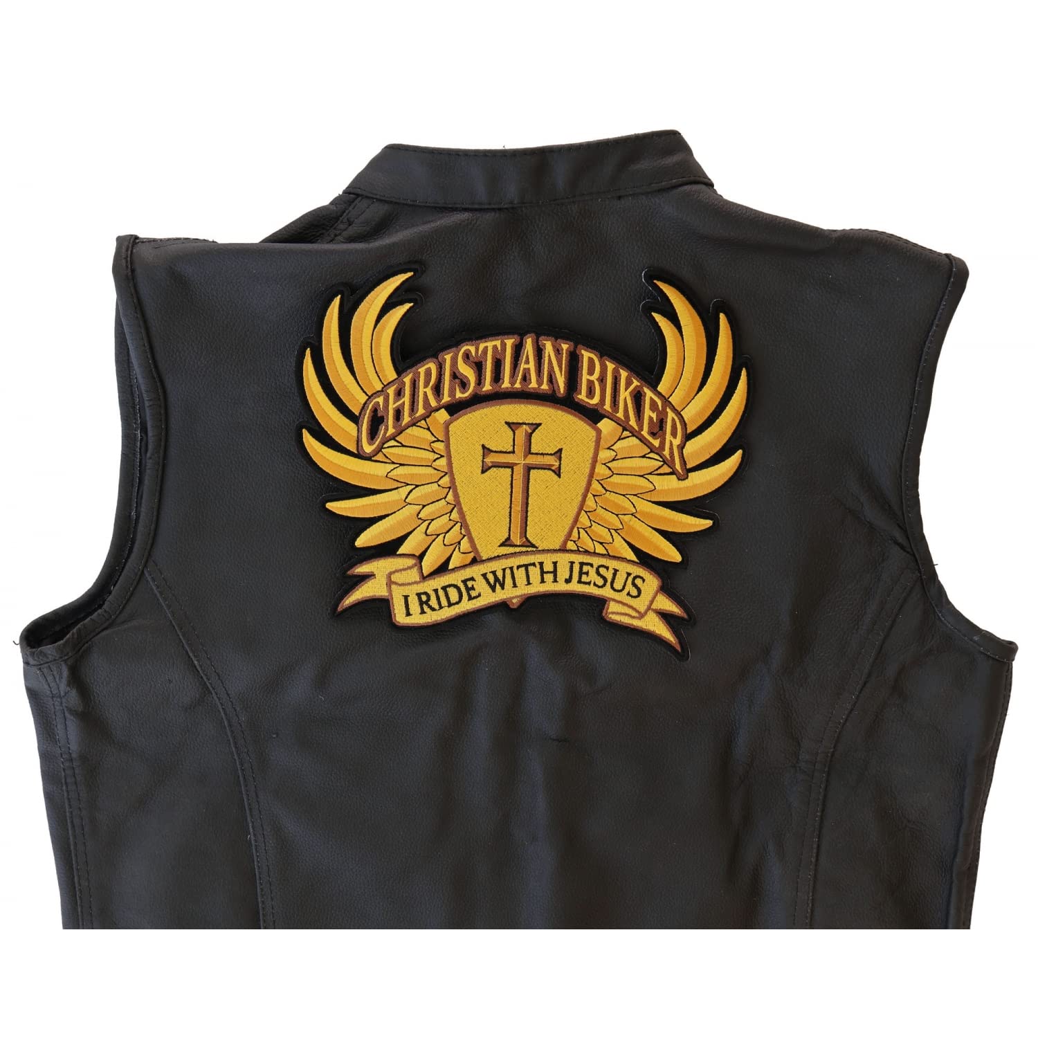 Christian Biker Cross in Wings I Ride with Jesus Patch - Large Embroidered Back Patches for Motorcycle Vest & Jacket - Perfect for Biker Church, Christian Riders & Motorcycle Ministries