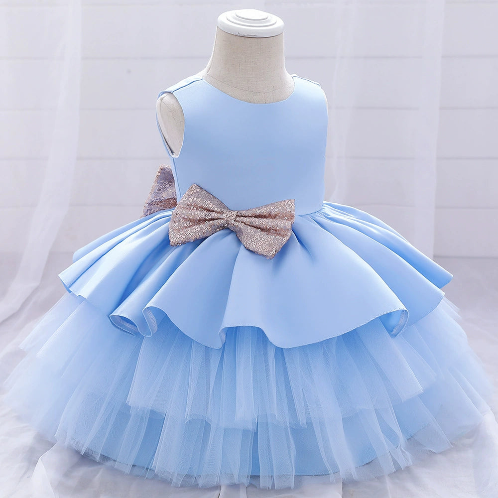 Royal Blue Satin Flower Girl Dress - Tea Length Princess Round Neckline for Weddings, Parties & Special Occasions
