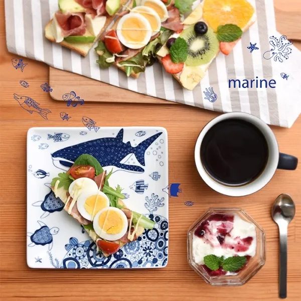 Premium Japanese Hasami Yaki Square Plates - Set of 4, Handcrafted Ceramic Dinnerware with Marine Life Design - Perfect for Sushi, Appetizers & Home Decor