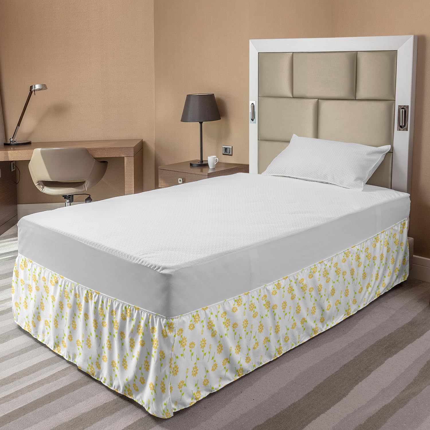 Ambesonne Floral Bed Skirt - Vibrant Tulip Pattern Elastic Dust Ruffle Wrap for Twin/Twin XL Beds | Spring Blossom Decor in Mustard Yellow & Green | Perfect for Bedroom Makeover & Guest Room Styling