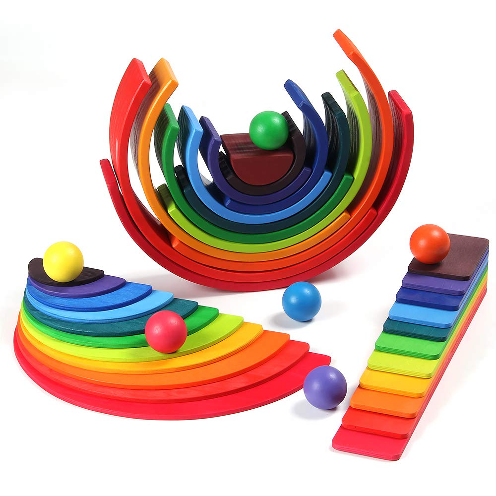 Wooden Rainbow Stacker Toy Set - Montessori Waldorf Educational Stacking Blocks with Semicircle Building Board - Open-Ended Learning Toy for Toddlers & Kids - Perfect Gift for Birthdays & Preschool Playtime (Rainbow Pack)
