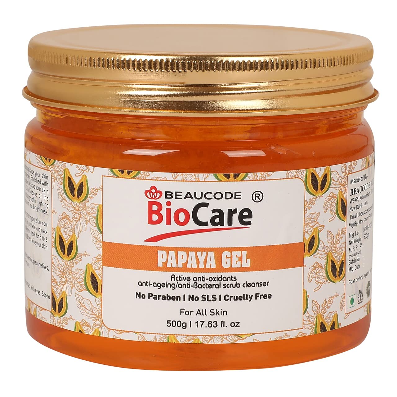 BEAUCODE BioCare Papaya Face & Body Gel - 500g | Antioxidant Anti-Aging Facial & Body Scrub | Paraben-Free, SLS-Free, Cruelty-Free | Gentle Exfoliator for All Skin Types | Perfect for Daily Skincare & Spa Treatments