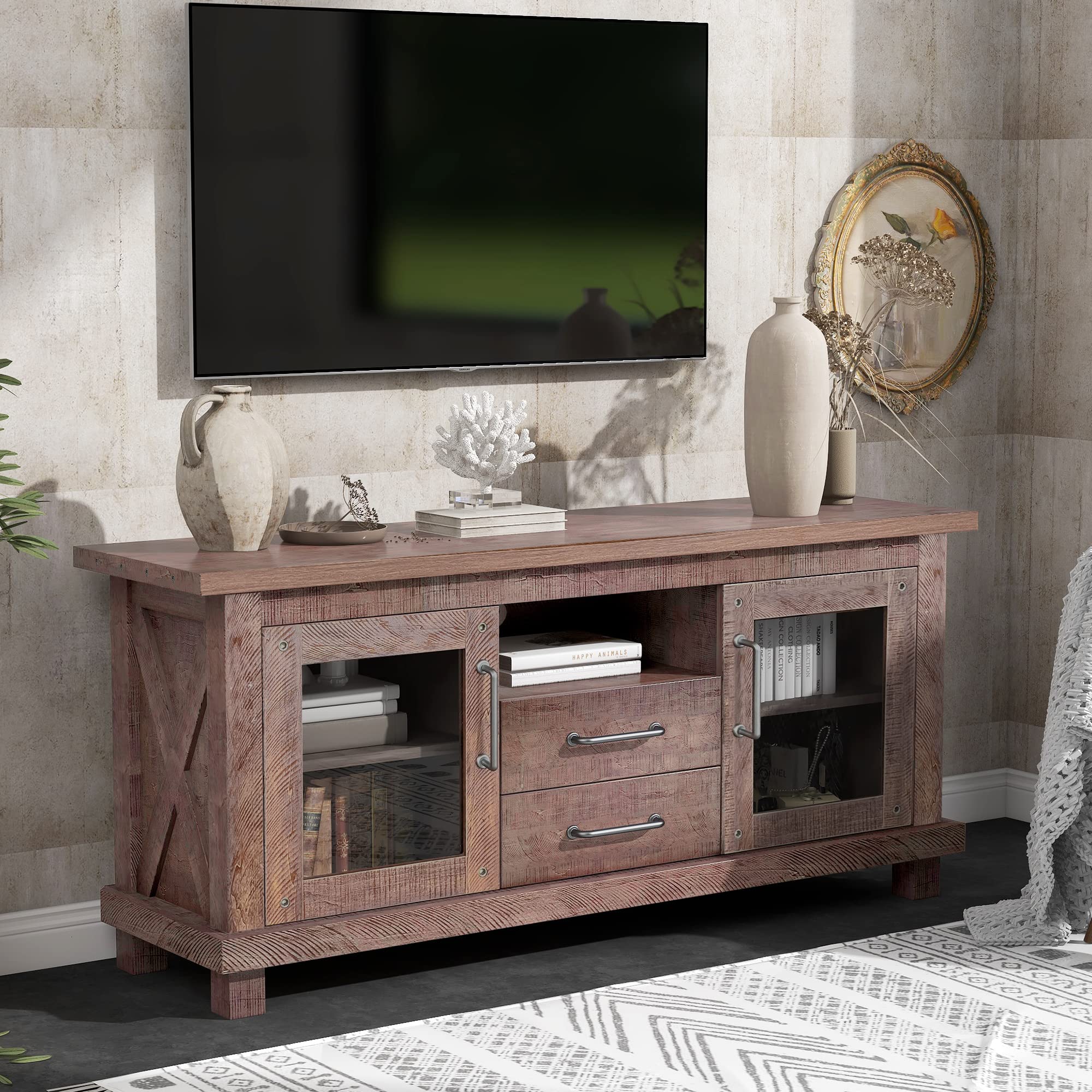 Rustic Modern TV Stand with Glass Doors & Adjustable Shelves - Wood Entertainment Center for 65-Inch TVs - Retro Industrial Vintage Storage Cabinet with 2 Drawers & Open Shelving - Perfect for Living Room, Home Theater & Farmhouse Decor (Barnwood Finish)