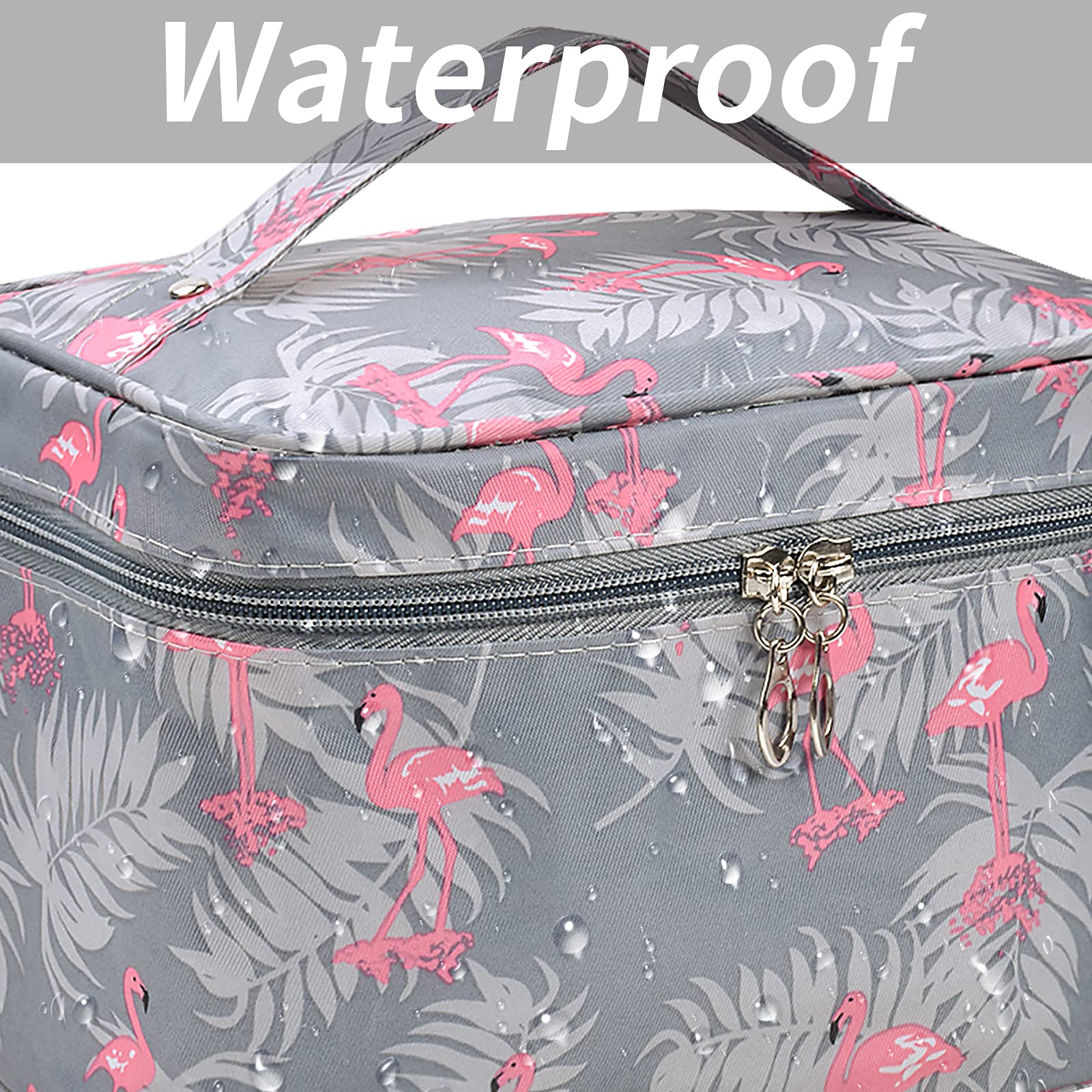 Waterproof Large Toiletry Bag for Women & Teen Girls - Double Zipper Travel Makeup Organizer with Handle, Flamingo Cosmetic Storage Wash Bag (Grey) - Perfect for Travel, Gym, Camping & Daily Use