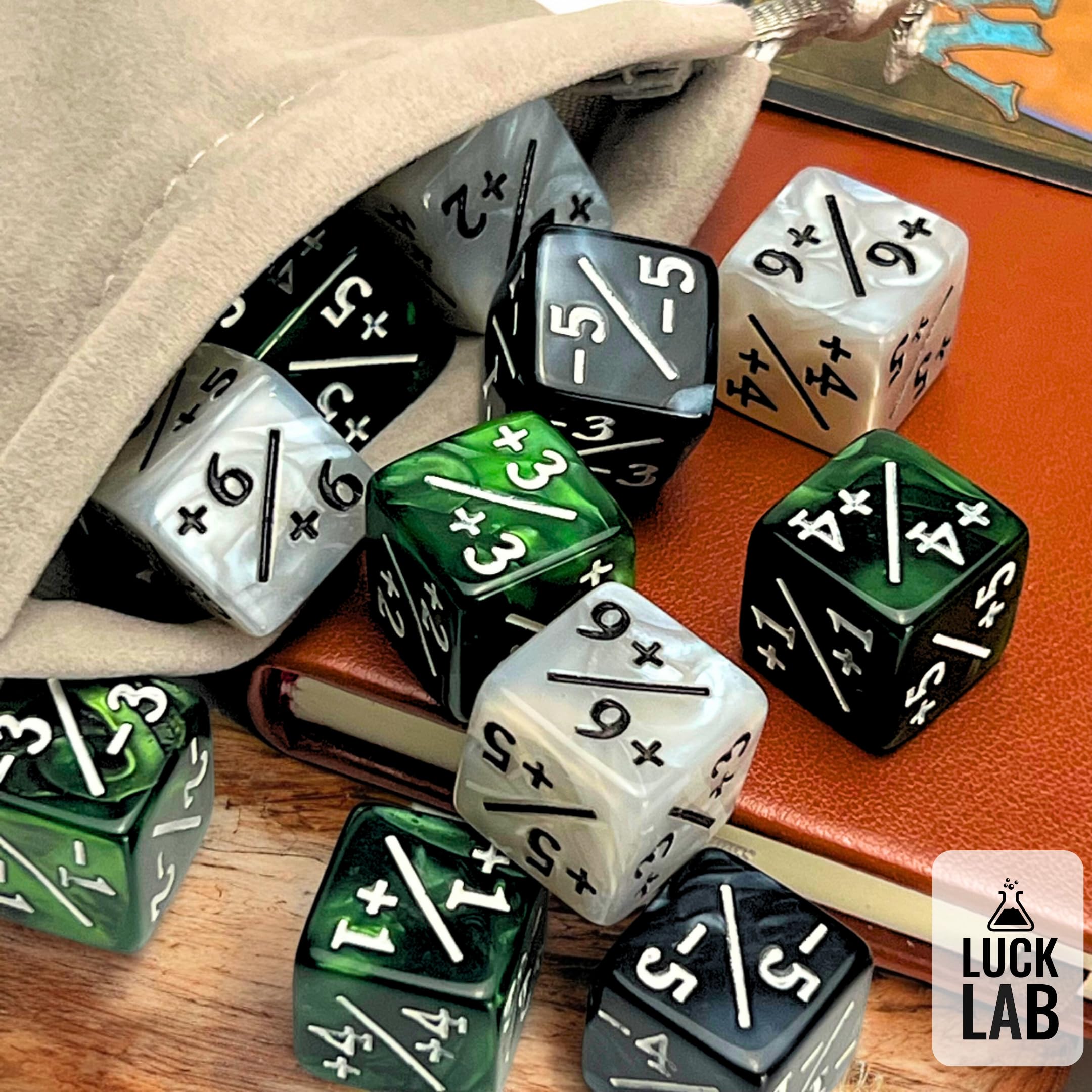 Luck Lab MTG Magic Life Counter Dice - 48 PCS for Magic The Gathering Card Game Accessories, CCG Creature Stats Tracker with 2 Dice Bags (Green Swirl, White Pearl, Black Pearl) - Perfect for MTG Tournaments, Commander Games & Tabletop RPGs