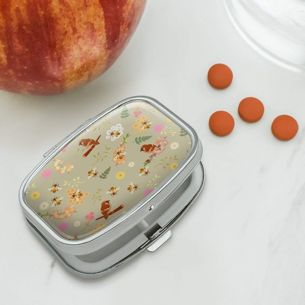 Stylish Birds and Bees Pattern Rectangle Pill Case - Perfect for Organizing Vitamins, Jewelry & Small Trinkets | Great Gift Box for Travel, Home & Office Use