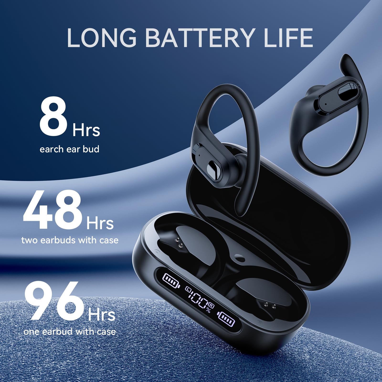 Wireless Bluetooth Earbuds with Earhook - 96H Playtime, Sweatproof Sport Earphones with Charging Case for Running, Workout & Gym - Stereo Sound, Secure Fit Headphones (Black) | Perfect for Jogging, Fitness Training & Outdoor Activities