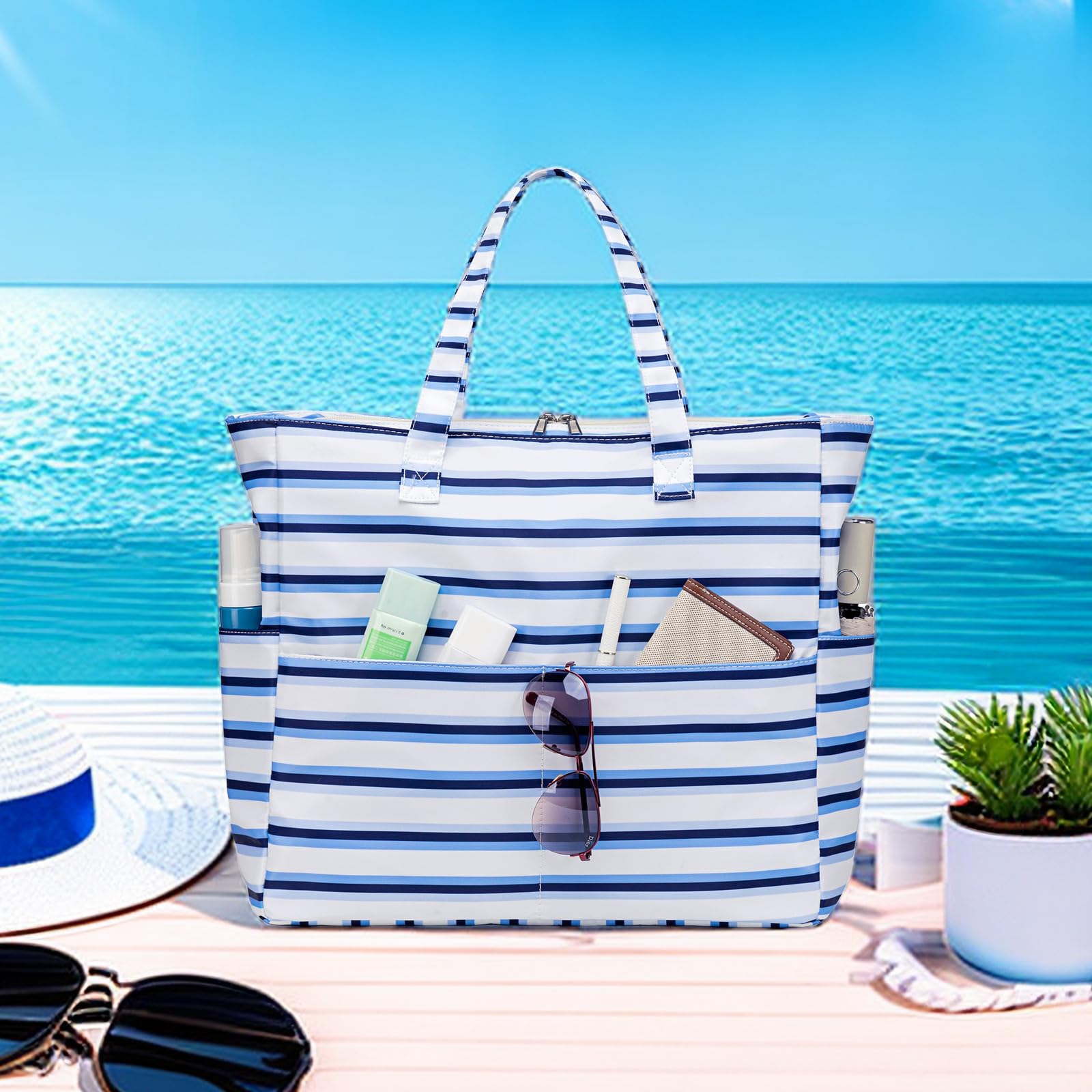 Waterproof Large Beach Tote Bag for Women - Sandproof Zippered Pool & Gym Bag with Wet Pocket - Perfect for Travel, Grocery Shopping & Beach Day Essentials