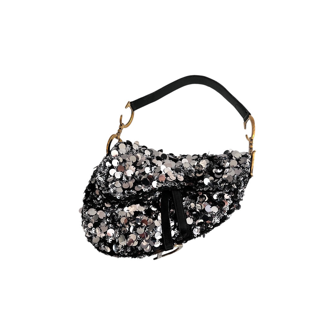 Dior Silver Sequin Saddle Bag for Women | Luxury Designer Handbag for Evening Parties, Weddings & Special Occasions
