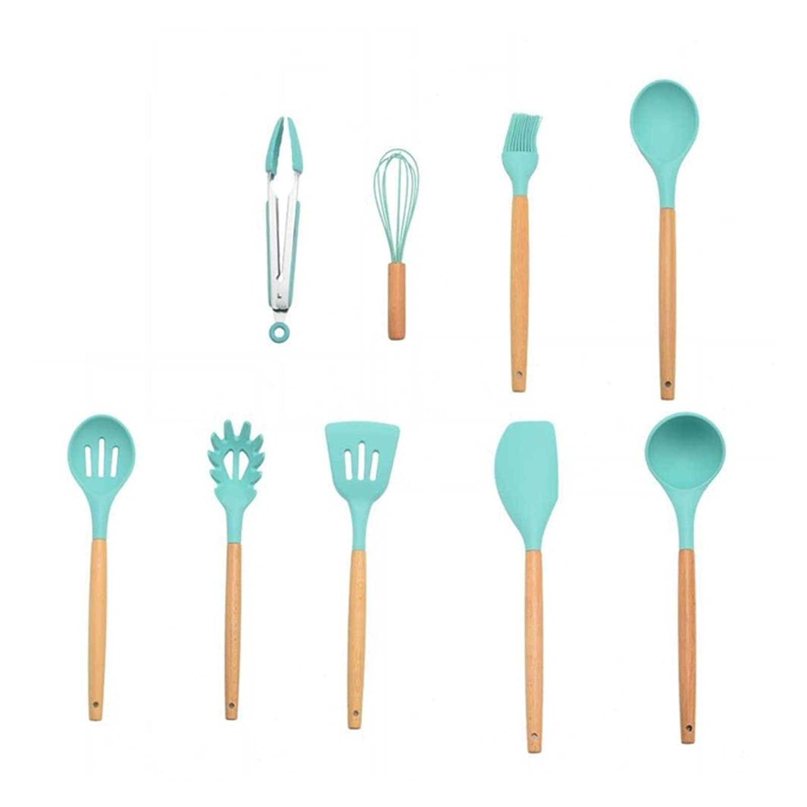 Premium 9-Piece Mint Green Silicone Cooking Utensil Set with Storage Box - Turner, Tongs, Spatula & Soup Spoon - Non-Stick Safe Kitchen Tools for Baking, Frying & Everyday Cooking